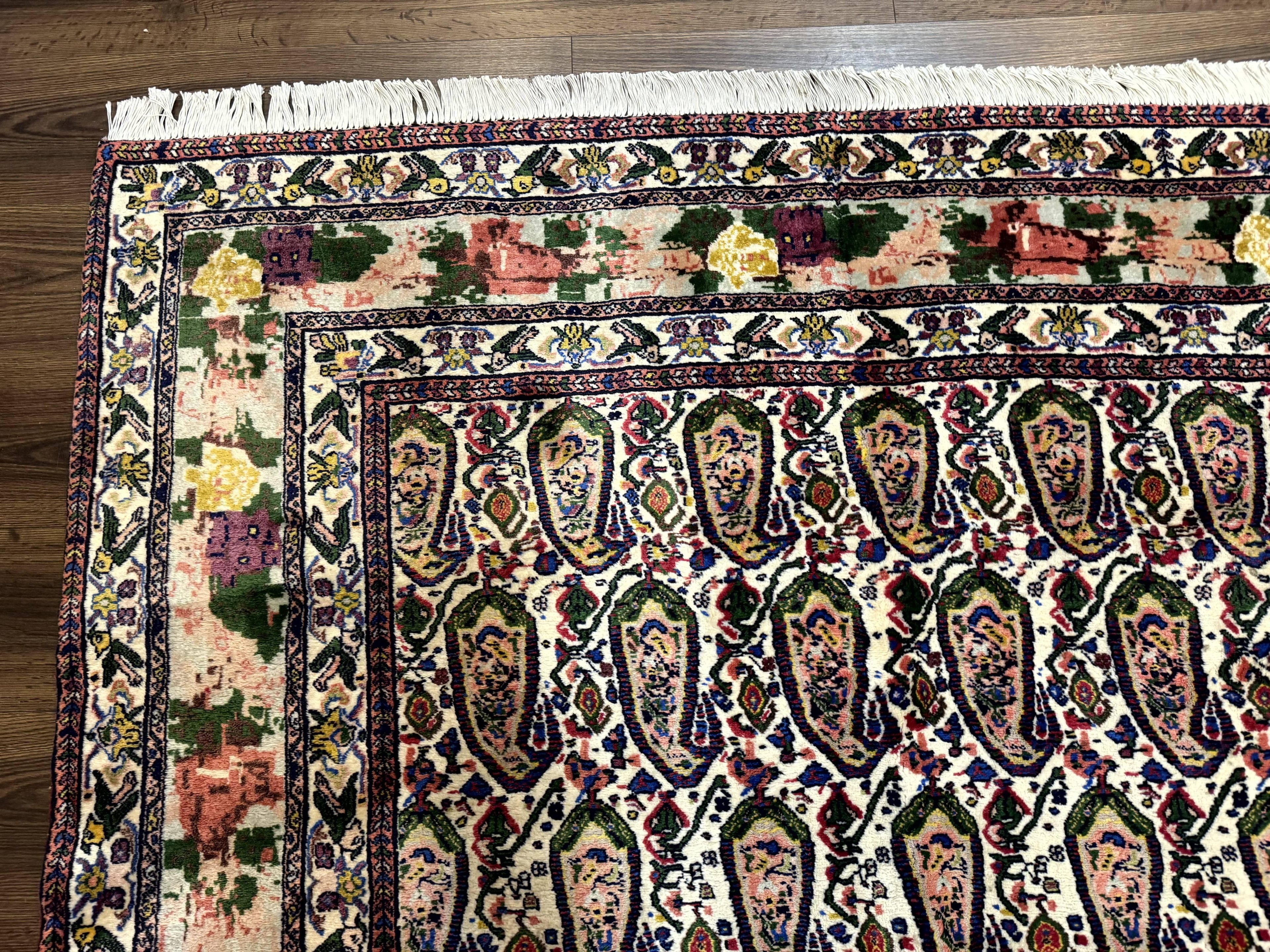 Persian Kurdish Rug 8x11, Repeated Allover Boteh Paisley Design, Bird Pictorials, Rare Antique Sannadaji Carpet