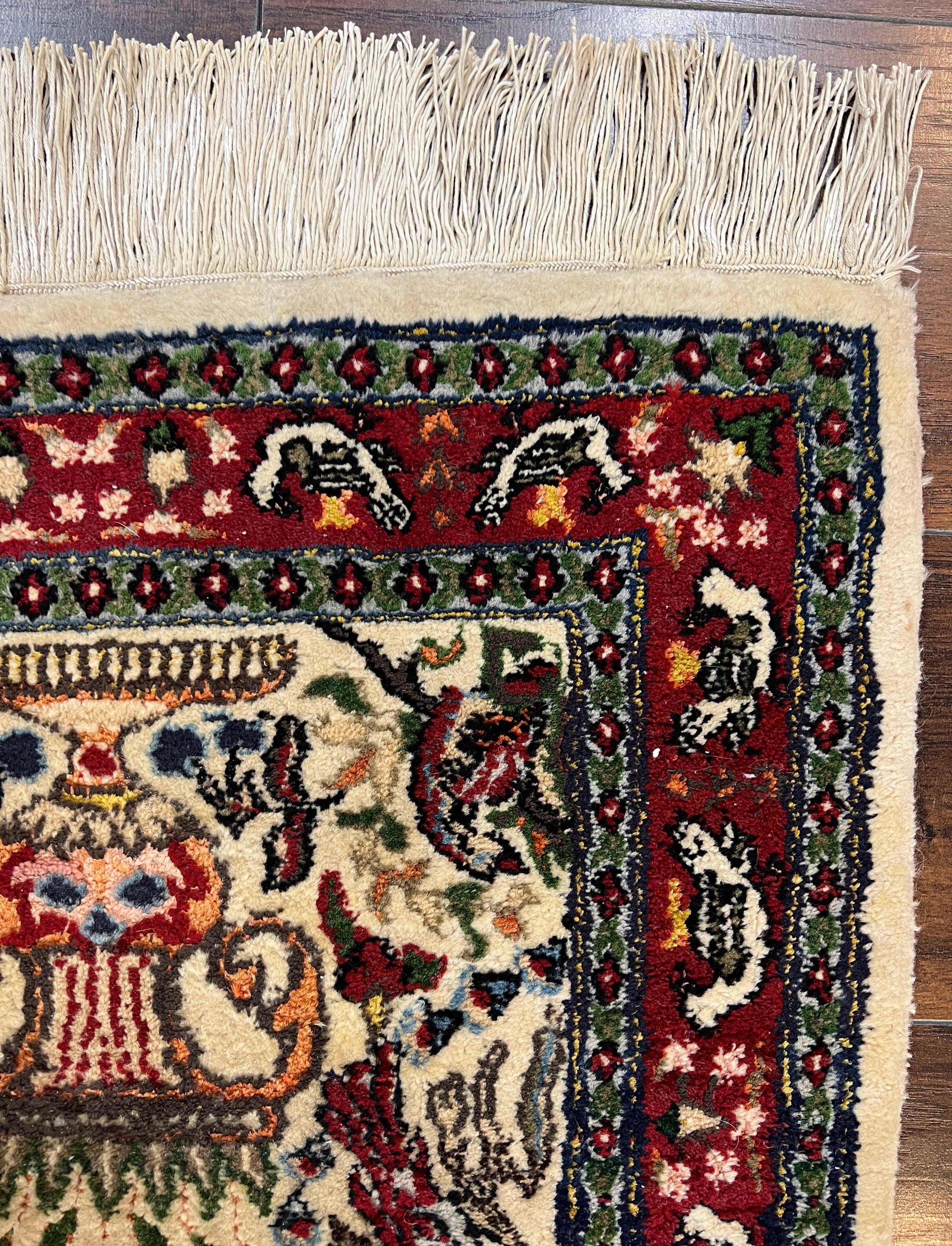 Small Indo Persian Rug 2x3 ft, Wool with Silk Highlights, Animal Pictorials, Birds