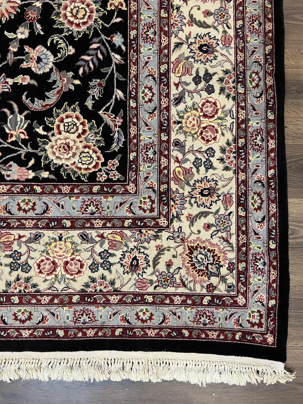 Pak Persian Rug 9x12, Floral Allover, Hand Knotted Oriental Carpet 9 x 12 ft, Black and Cream, Detailed, Wool with Silk Highlights, Vintage