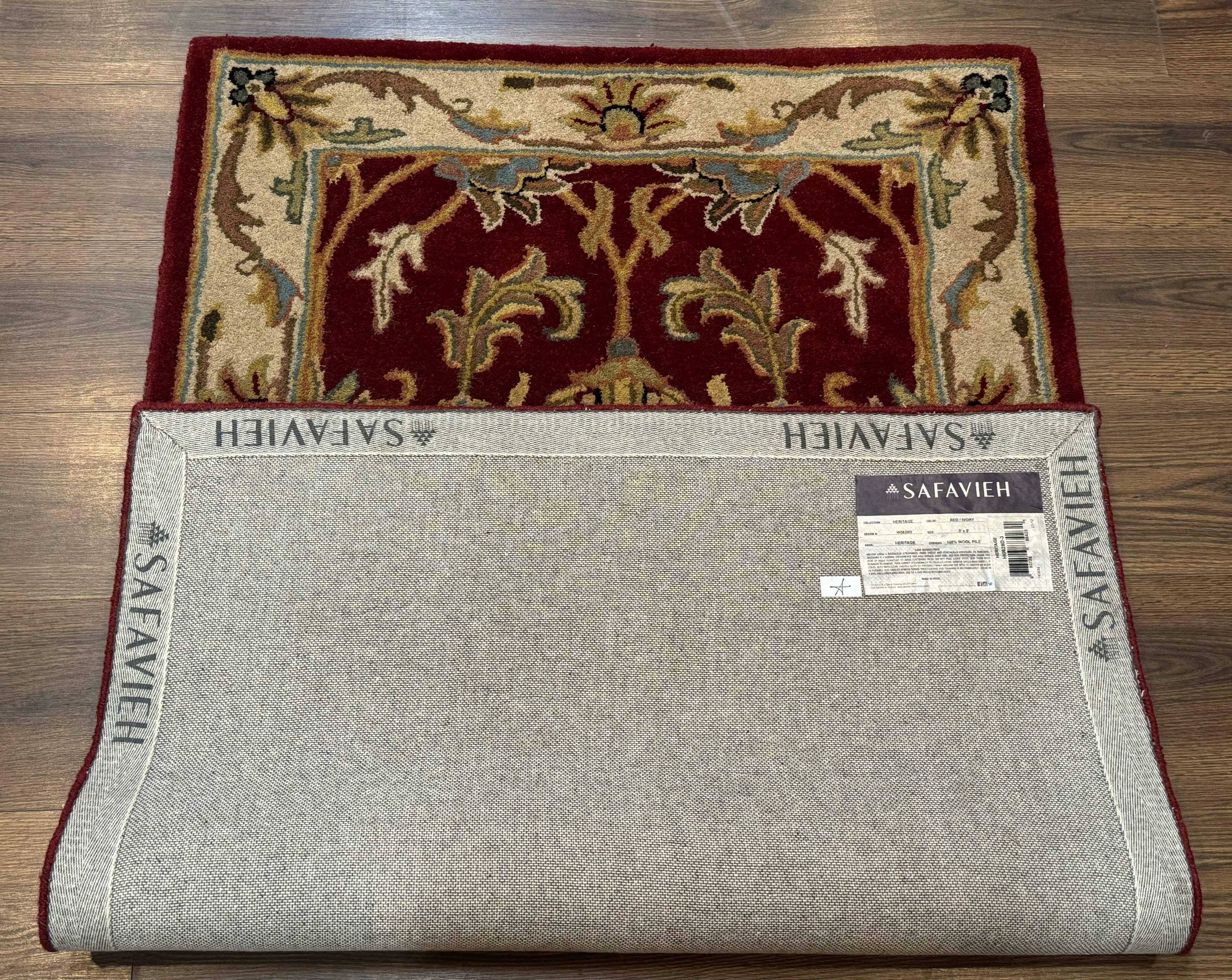 Small Floral Wool Rug 3x5, Safavieh Heritage Collection, Dark Red, Pair B