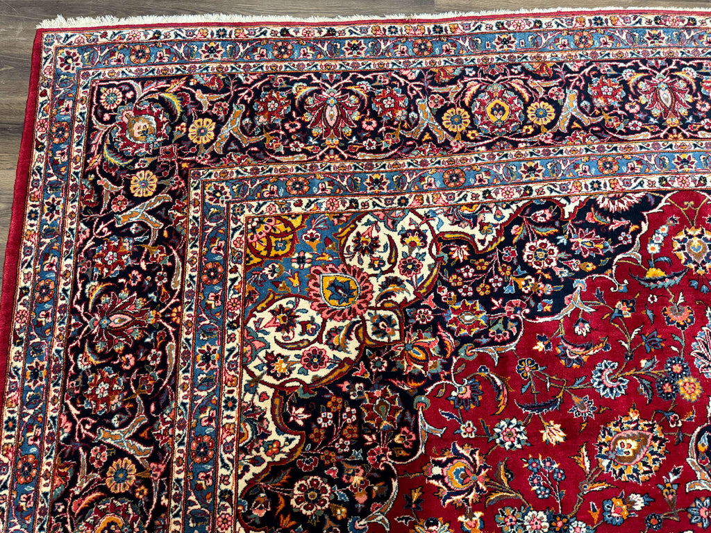Large Persian Kashan Rug 11x14, Traditional Persian Carpet, Wool, Fine 250 KPSI, Red Navy Blue