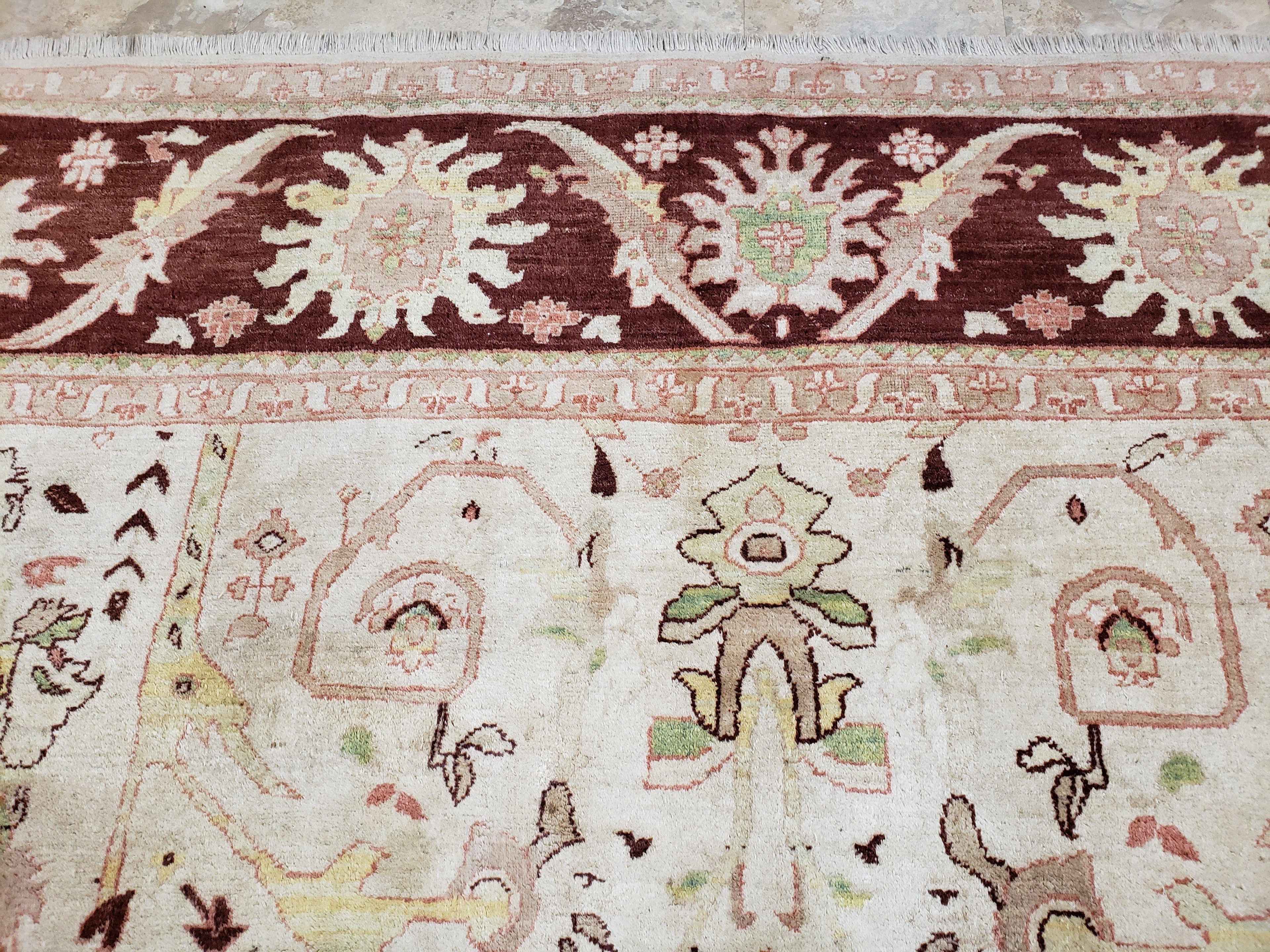 Beige and Maroon Peshawar Rug 10x15, Large Oushak Carpet, Pakistani Rug, Handmade Area Rug, Hand Knotted Rug, Living Room Rug, Nice Wool Rug