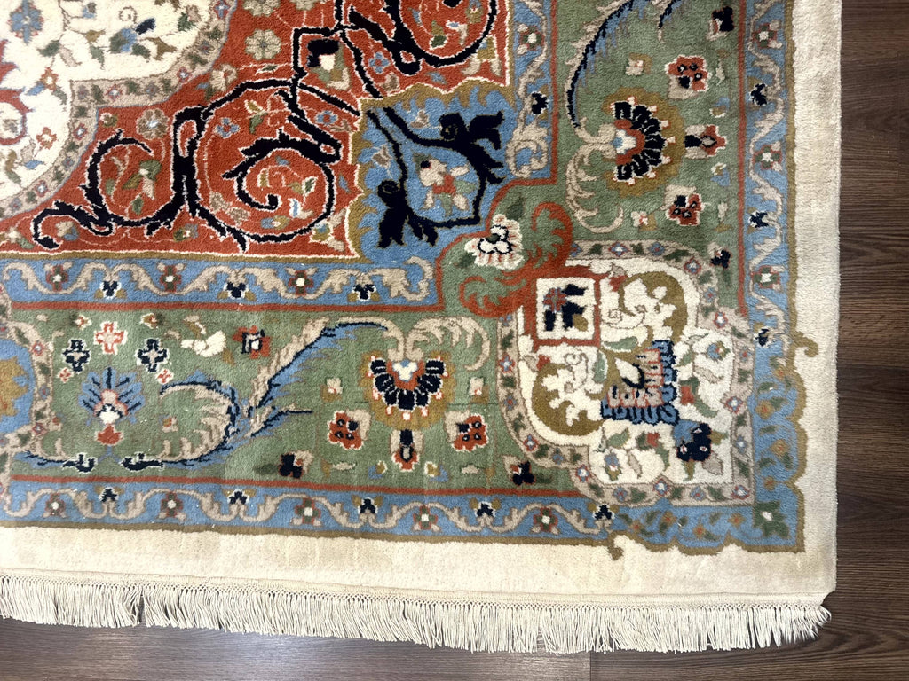 Indo Persian Rug 9x12, Ivory Red Green, Traditional Oriental Carpet