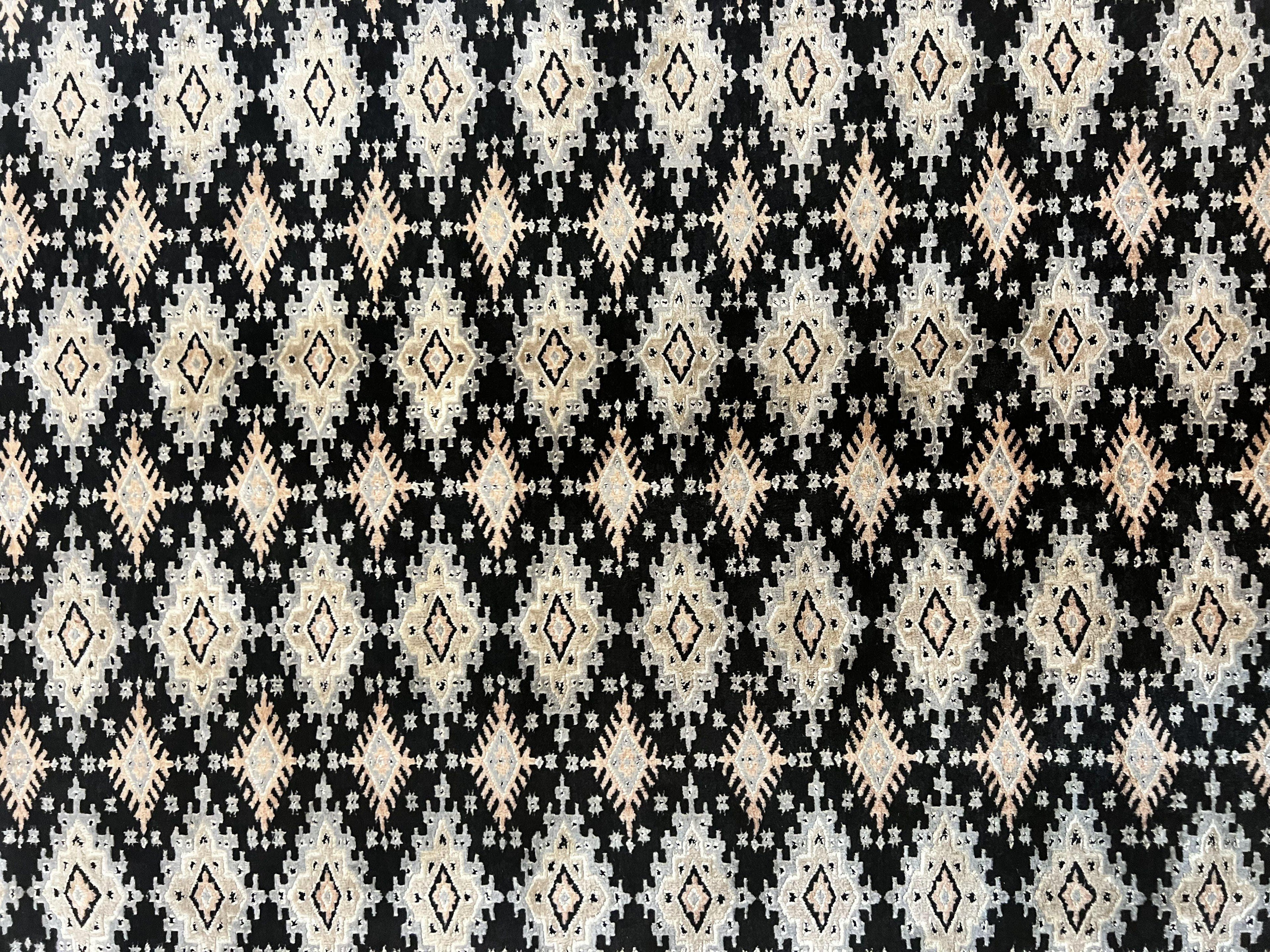 Pakistani Bokhara Rug 6x9, Hand Knotted Vintage Wool Carpet with Silk Highlights, Very Fine 320 KPSI, Medium Size