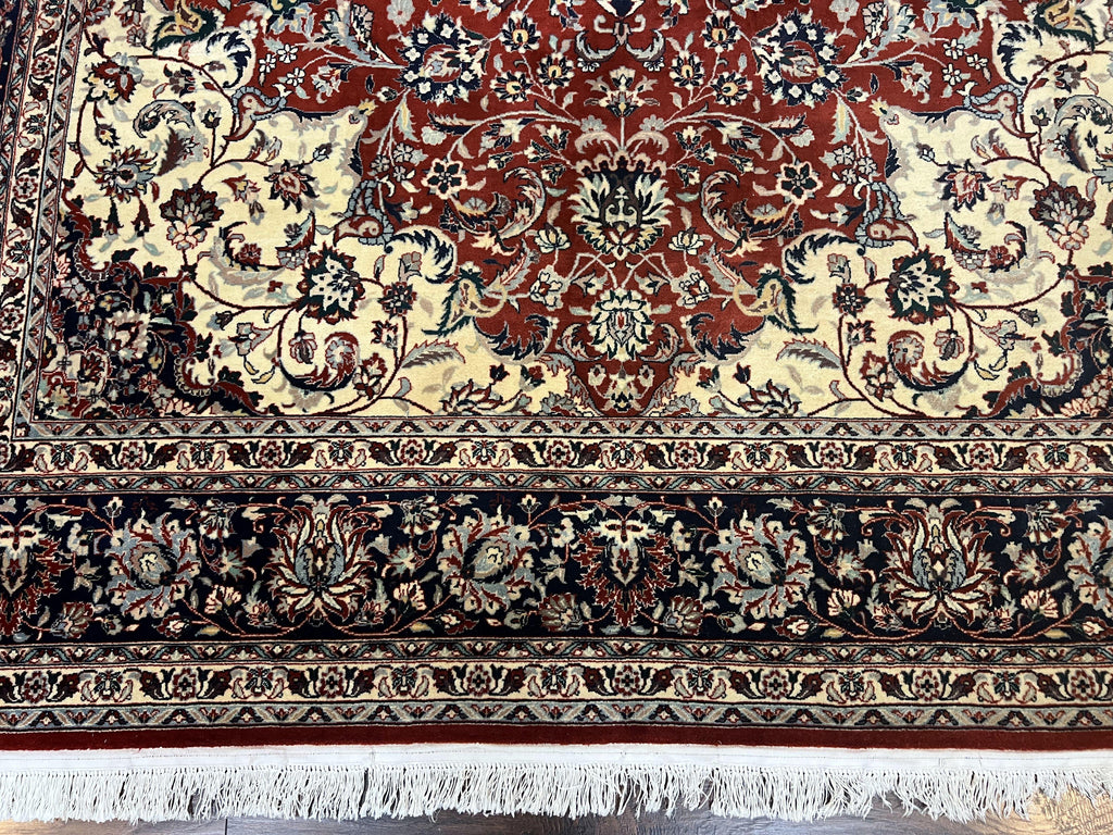 Fine Sino Persian Rug 7x10 ft, Floral Central Medallion Oriental Carpet, Red Navy Blue Cream, Hand Knotted Wool Traditional Vintage Rug