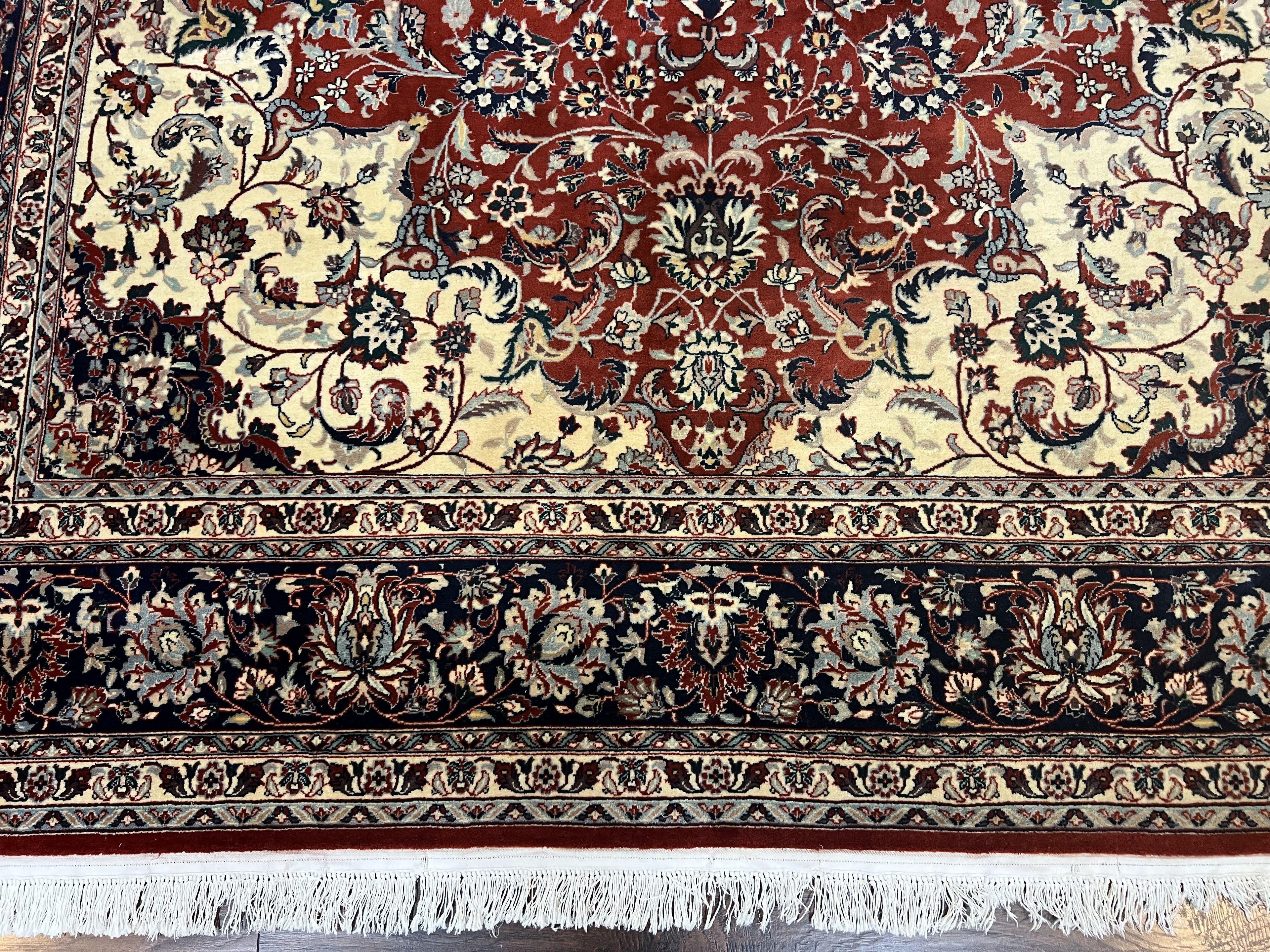Fine Sino Persian Rug 7x10 ft, Floral Central Medallion Oriental Carpet, Red Navy Blue Cream, Hand Knotted Wool Traditional Vintage Rug