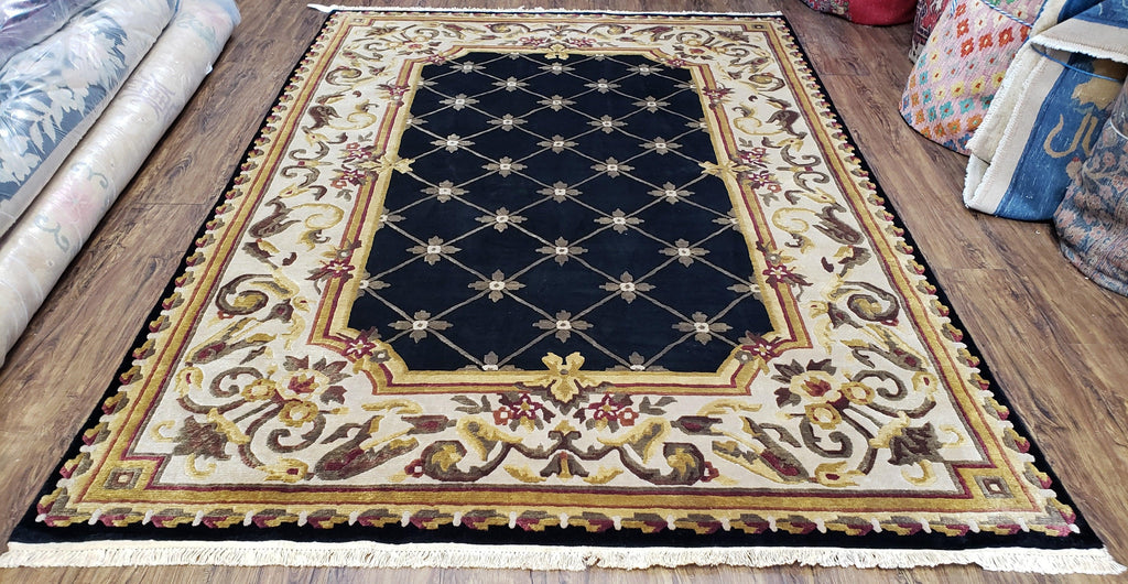 Nepal Rug 6x9, New Aubusson Nepalese Tibetan Carpet 6'1" x 8' 8", Hand-Knotted Wool, Unused, Black & Cream, Savonnerie Pattern, Soft Pile
