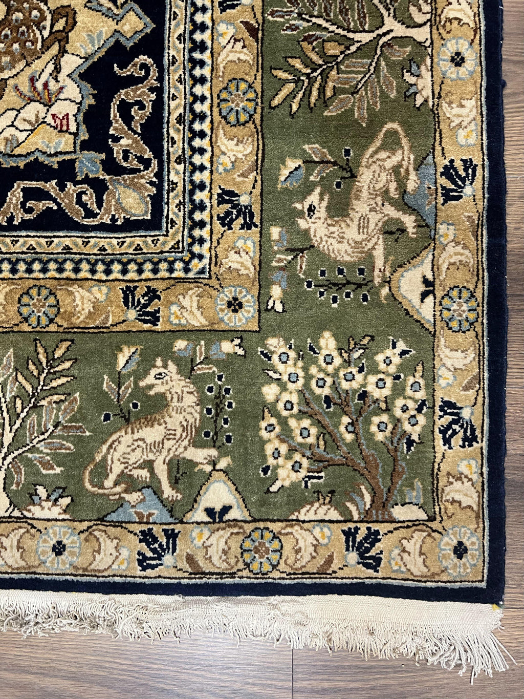 Wonderful Persian Qum Rug 6x9, Animal Pictorials, Tree of Life, Deer Birds, Hand Knotted Oriental Ghom Carpet, Semi Antique Vintage, Navy Blue Green