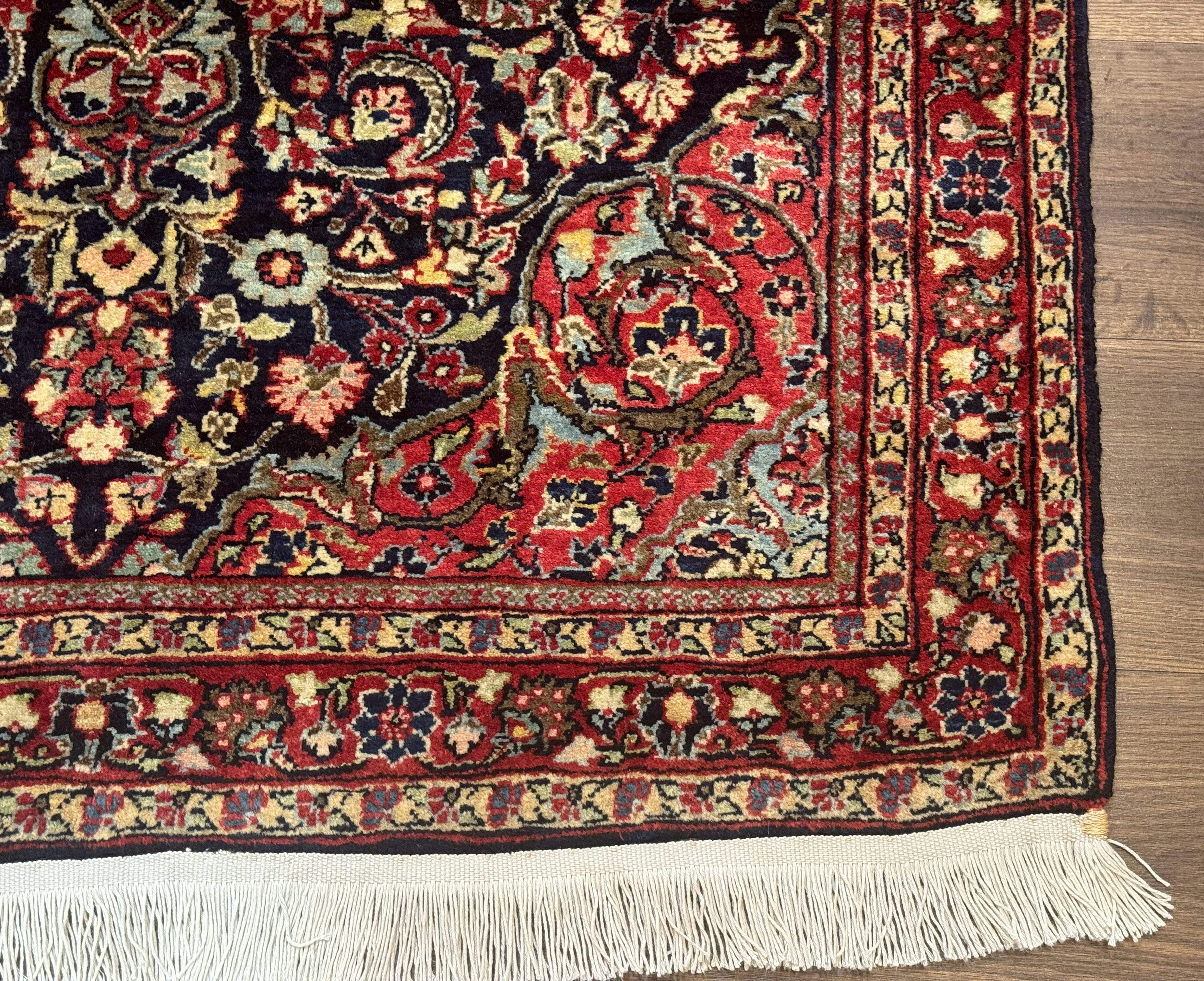 Antique Persian Sarouk Rug 4x5, Dark Blue and Red, Floral Medallion, Fine