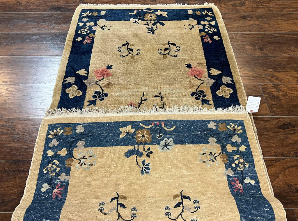 Antique Chinese Peking Rug 3x6, Beige and Dark Blue Hand Knotted Handmade Asian Oriental Carpet, Floral Vases, Vintage Wool Art Deco Rug