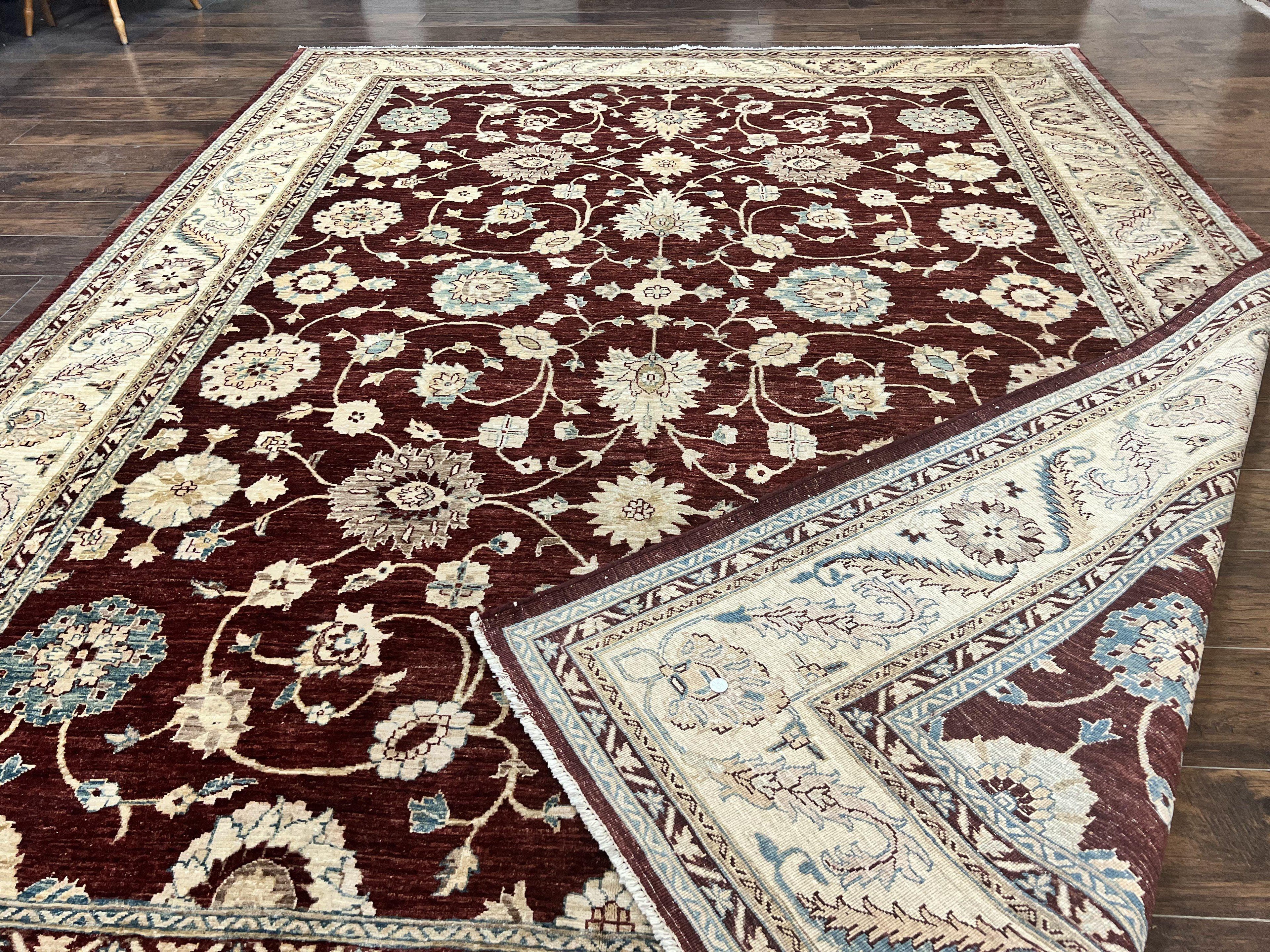Peshawar Rug 9x11, Pakistani Oriental Carpet, Maroon and Beige, Floral Allover, Wool Hand Knotted Handmade Vintage Rug