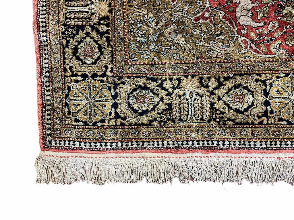 Persian Qum Silk Rug 3.8 x 5.6, Silk on Silk, Animal Pictorials, Fine 330 KPSI