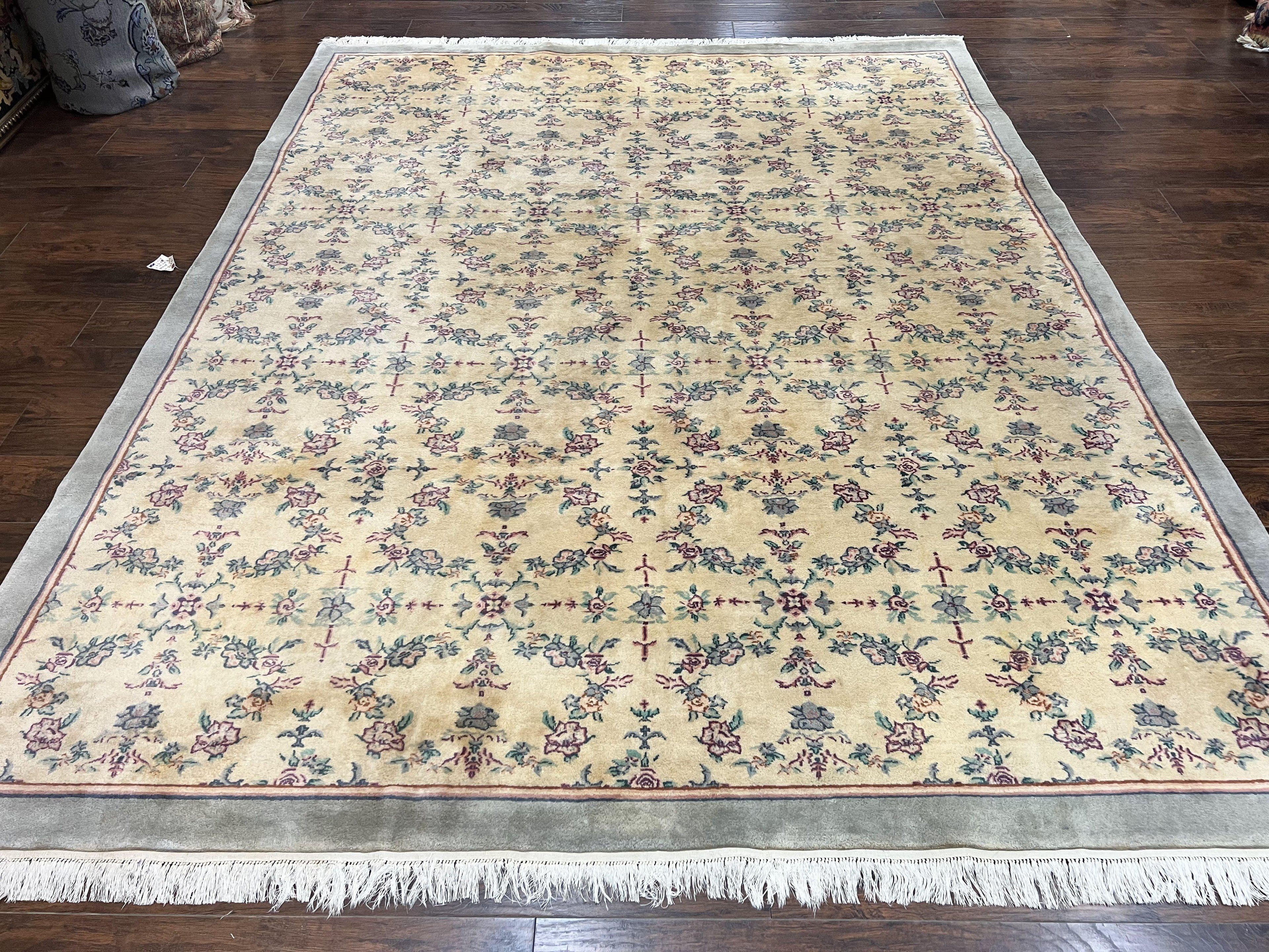 Sino Persian Rug 8x10, Floral, Oatmeal and Light Teal, Handmade Wool Vintage Carpet