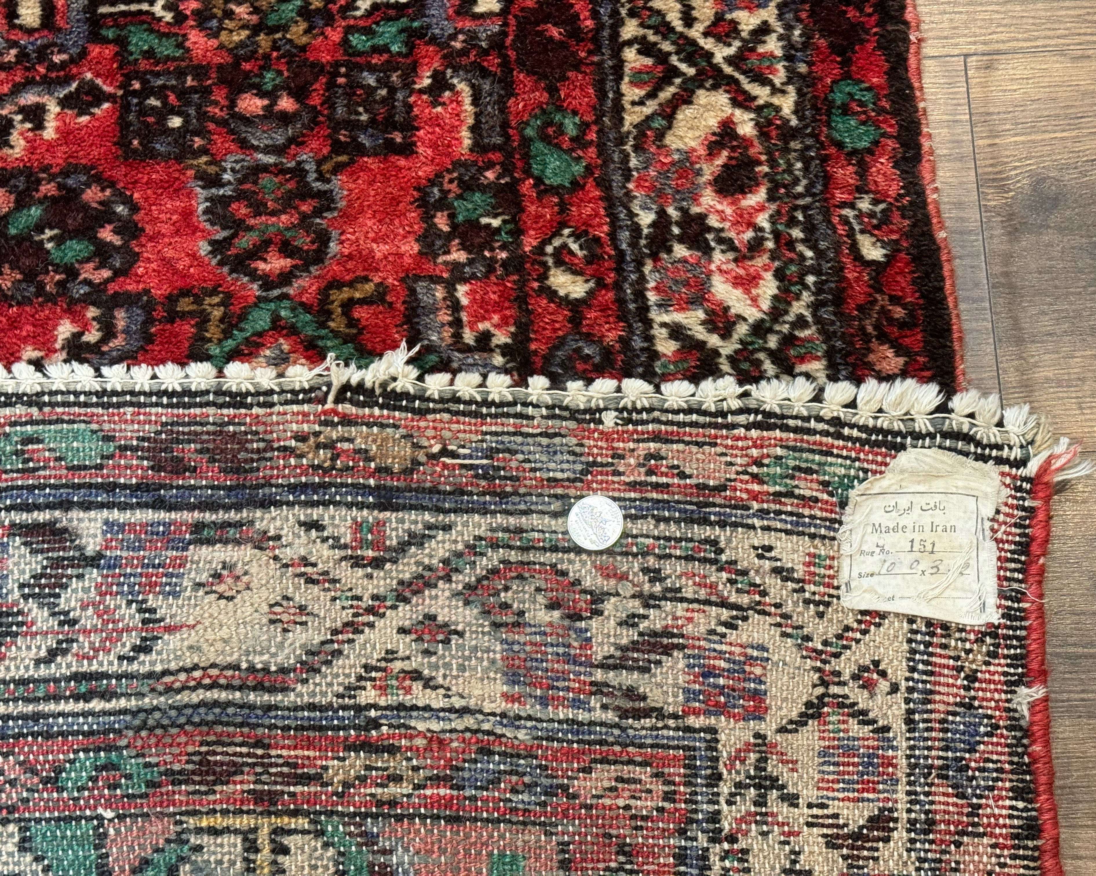 Persian Runner Rug 3x10, Wool Hand Knotted Hallway Rug 3 x 10 ft, Red and Ivory, Hamadan Angelas Runner