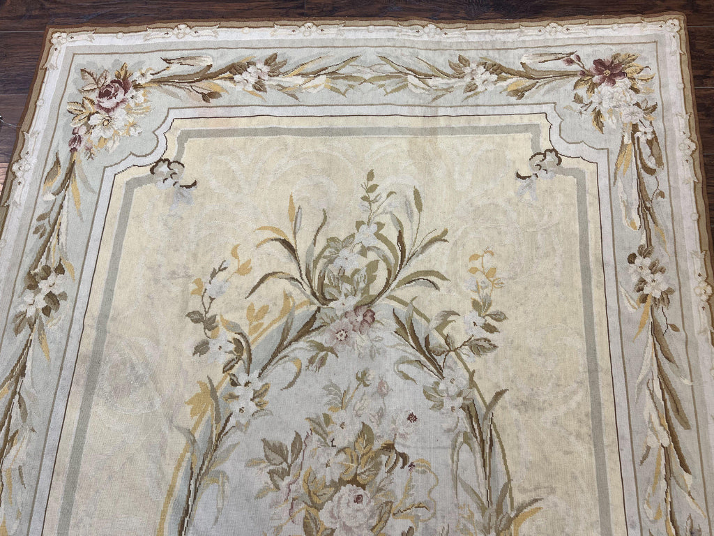 Needlepoint Rug 6x9, Elegant European Design Aubusson Carpet, Vintage Wool Handmade Rug, Light Yellow Ivory