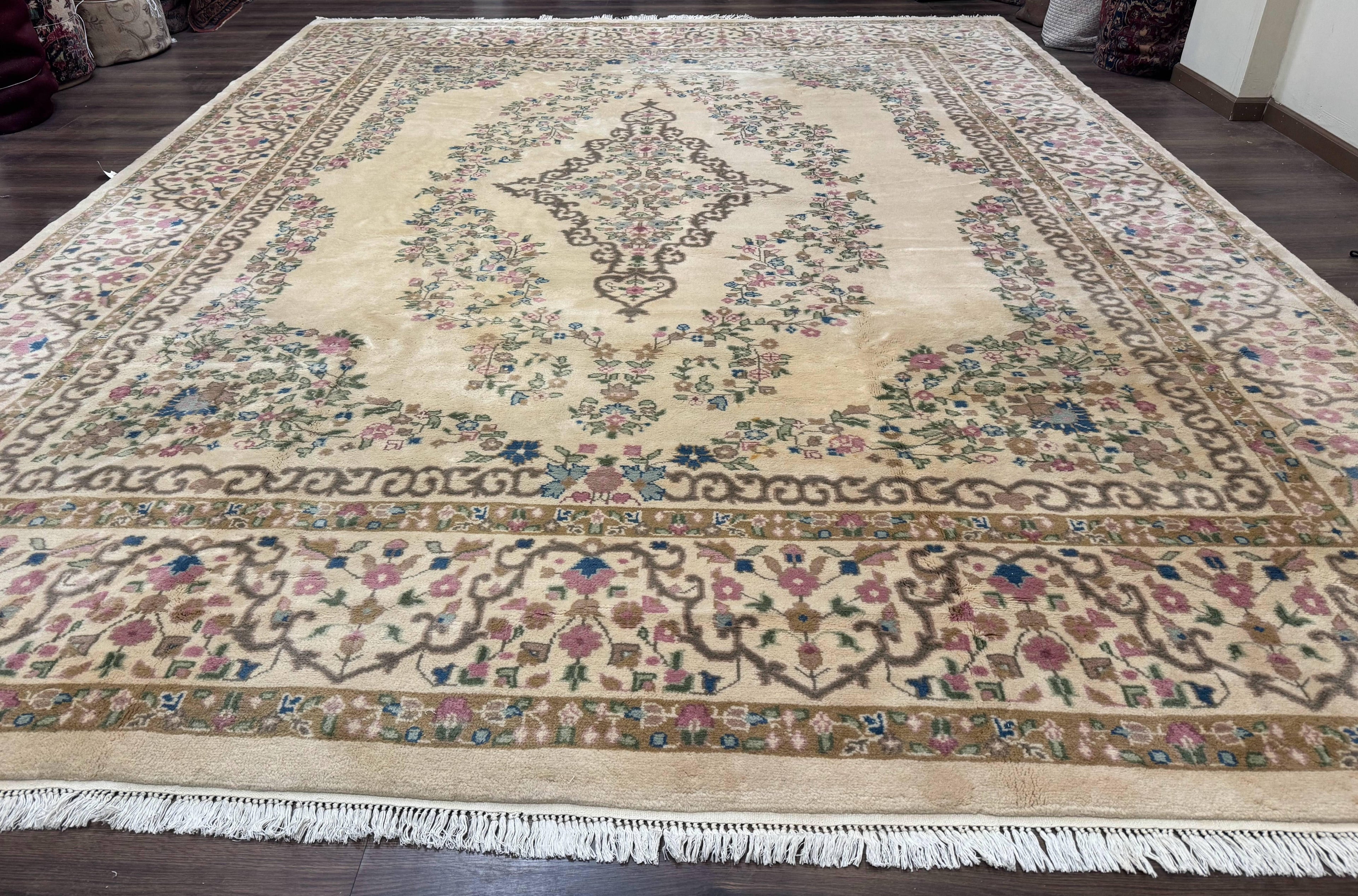 Indo Persian Rug 12x15, Palace Sized Carpet, Oversized Wool Handmade Rug, Kerman Rug, Semi Open Field, Pande Cameron Rug, Beige
