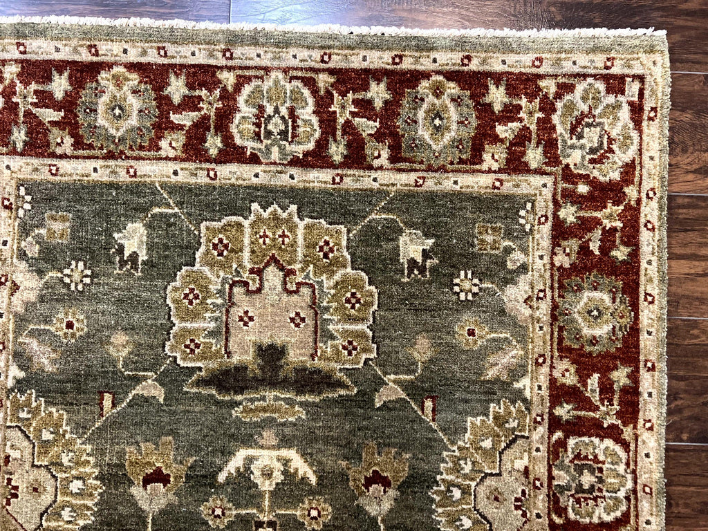 Indo Oushak Rug 4x6, Green and Maroon, Vintage Wool Floral Rug, Indian Agra Rug