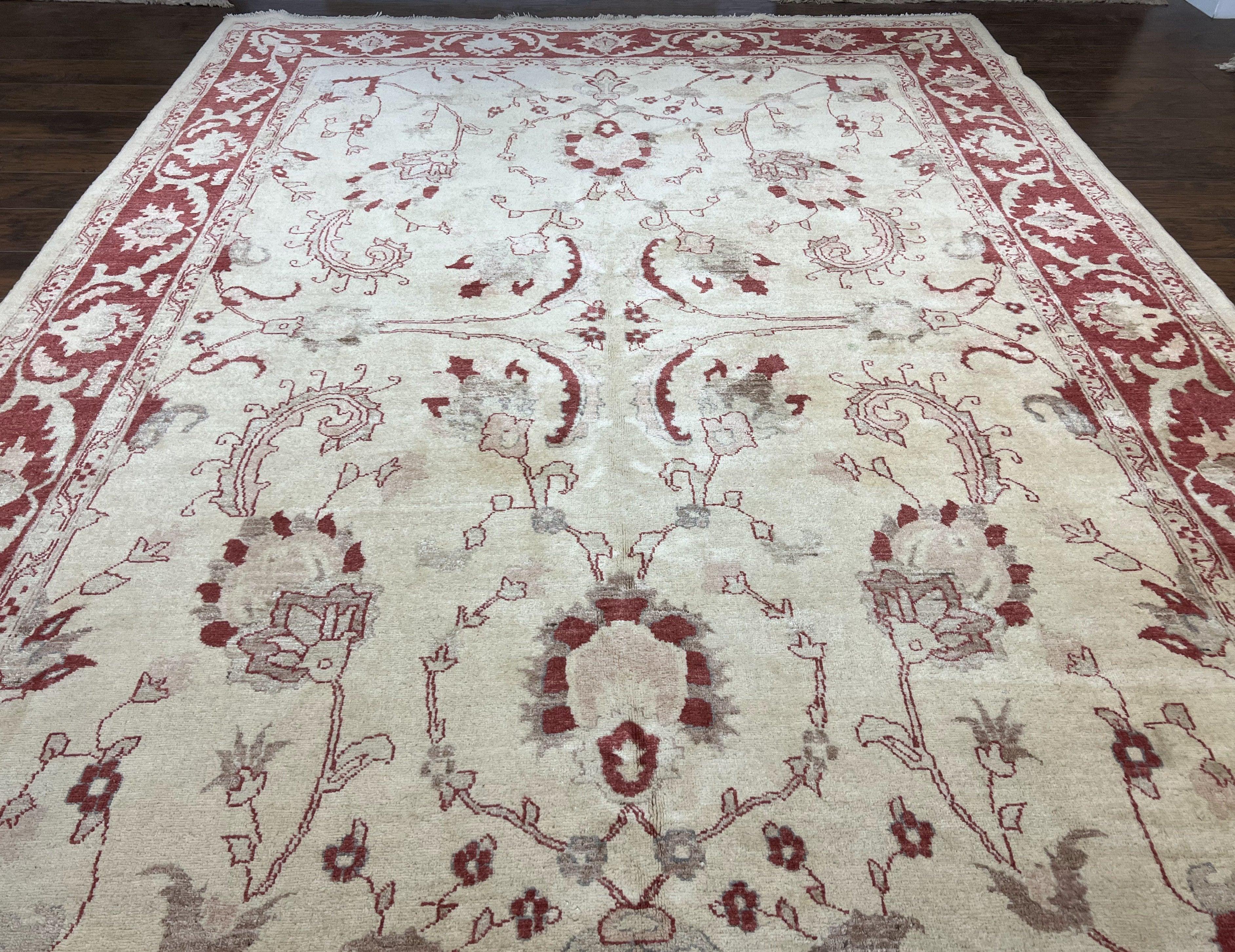 Peshawar Rug 8x12 Pakistani Carpet, Oriental Rug 8 x 12 Chobi Rug, Beige and Red, Allover Large Floral Design, Hand Knotted Vintage Wool