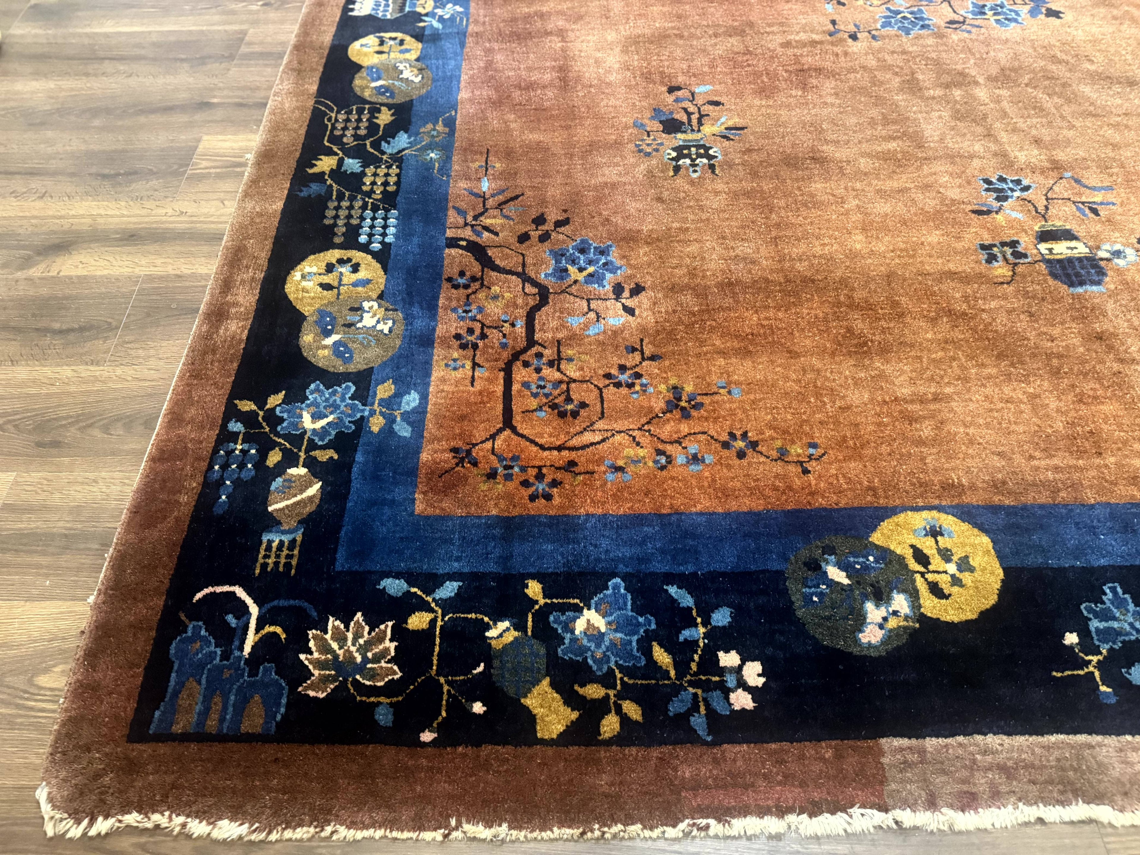 Antique Chinese Wool Rug 9x12, Light Brown and Navy Blue, Fete Peking Art Deco