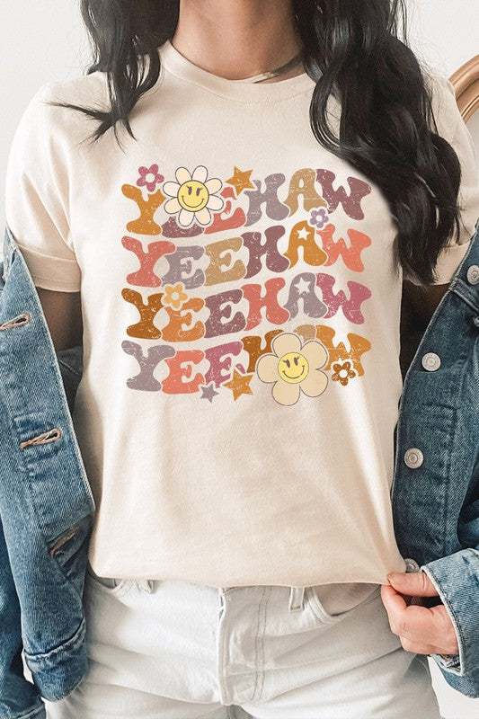 YeeHaw Floral Country Western Smiley Graphic Tee T-Shirt