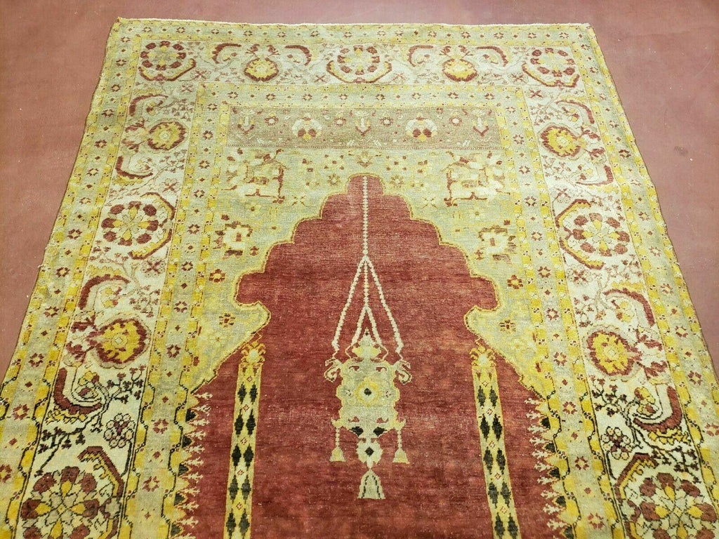 4' 5" X 7' Antique HandmadeTurkish Prayer Melas Oushak Wool Rug Mehrab Nice