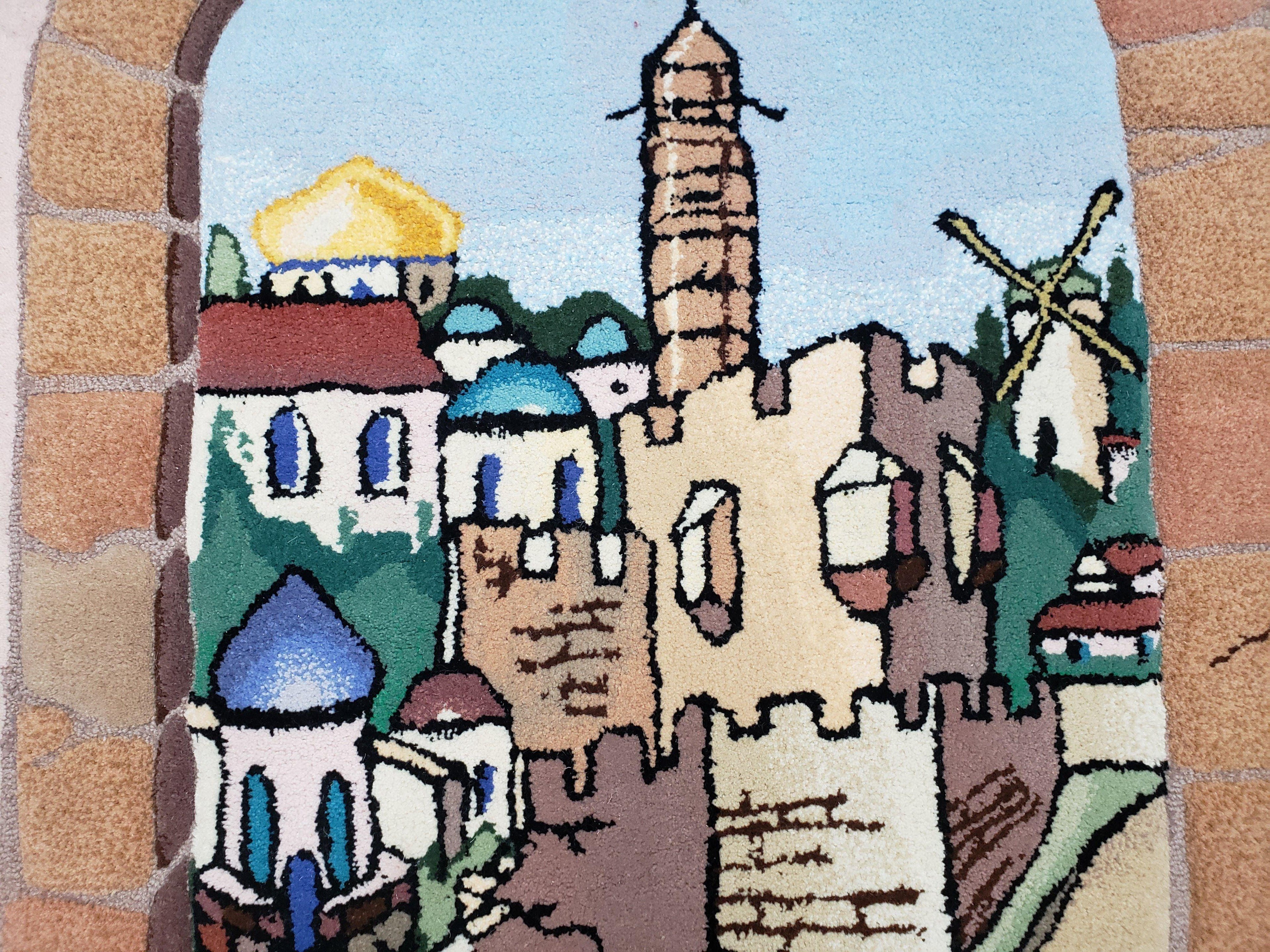 Small Judaica Rug, Rug with Jerusalem Pictorial, Chanuka Gift, Hand-Tufted, Jerusalem Gate, Vintage Judaica, Western Wall Rug, 3x4 Rug