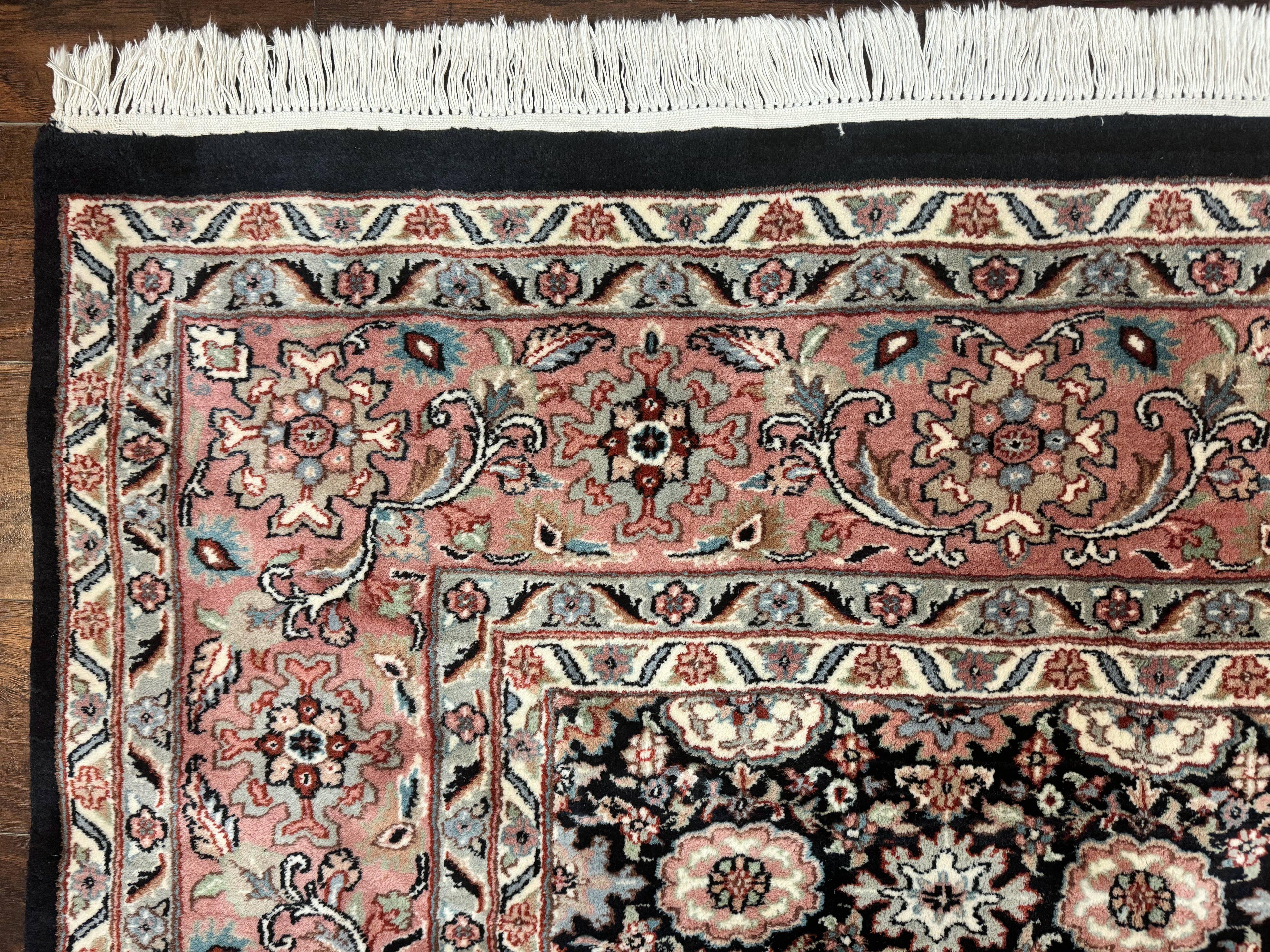Indo Persian Rug 9x12, Vintage Handmade Wool Carpet, Repeated Allover Motif, Navy Blue and Pink