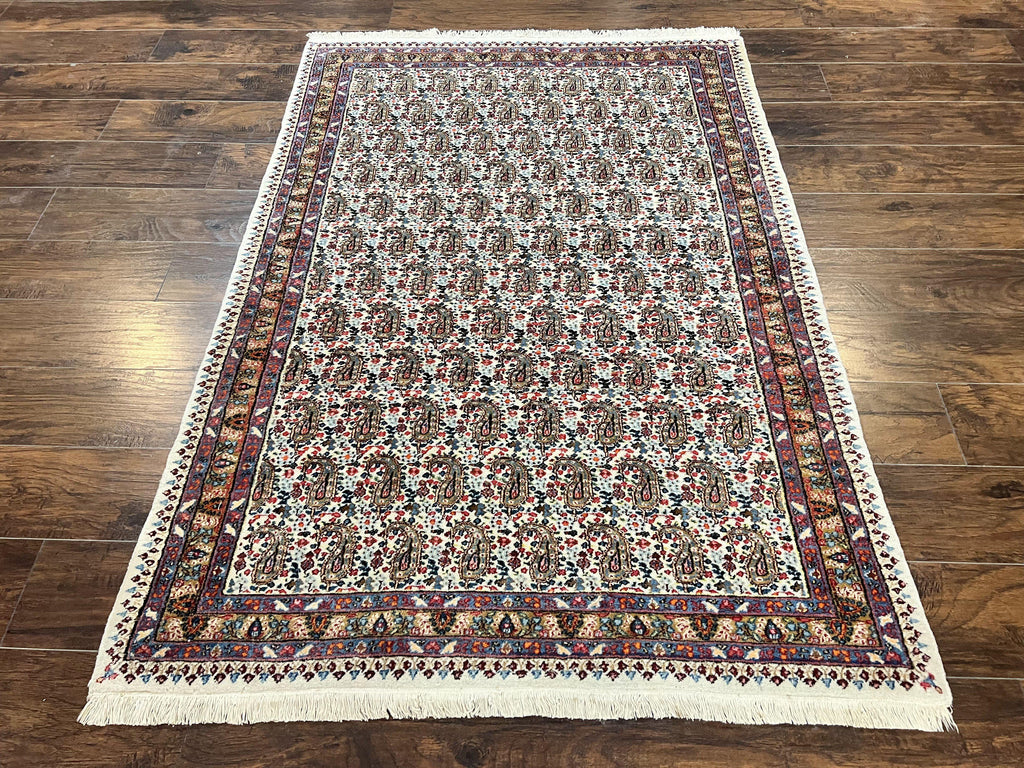 Persian Rug 4x6, Mashad Kashmar Rug, Boteh Paisley Design, Allover Repeated Pattern, Ivory Hand Knotted Vintage Semi Antique Persian Oriental Carpet