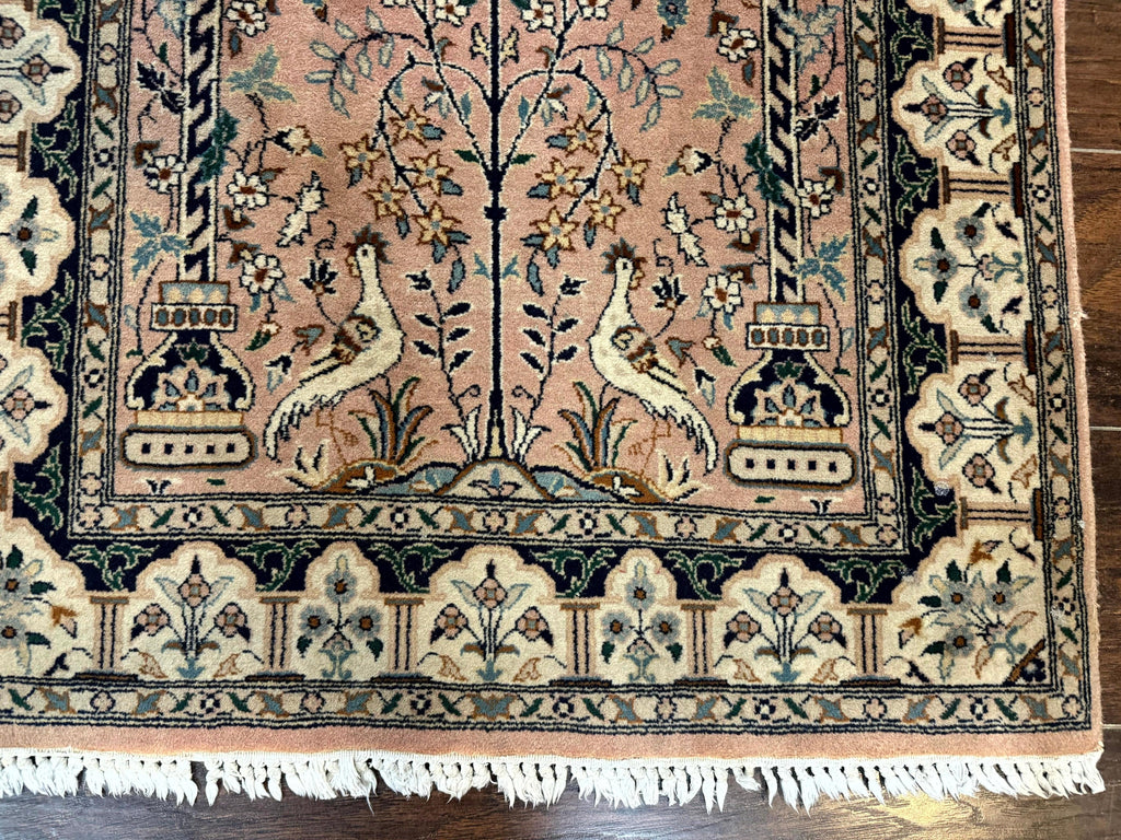 Small Tree of Life Prayer Rug, Pak Persian Rug 2.7 x 4, , Birds, Lantern, Handmade Vintage Fine 260 KPSI