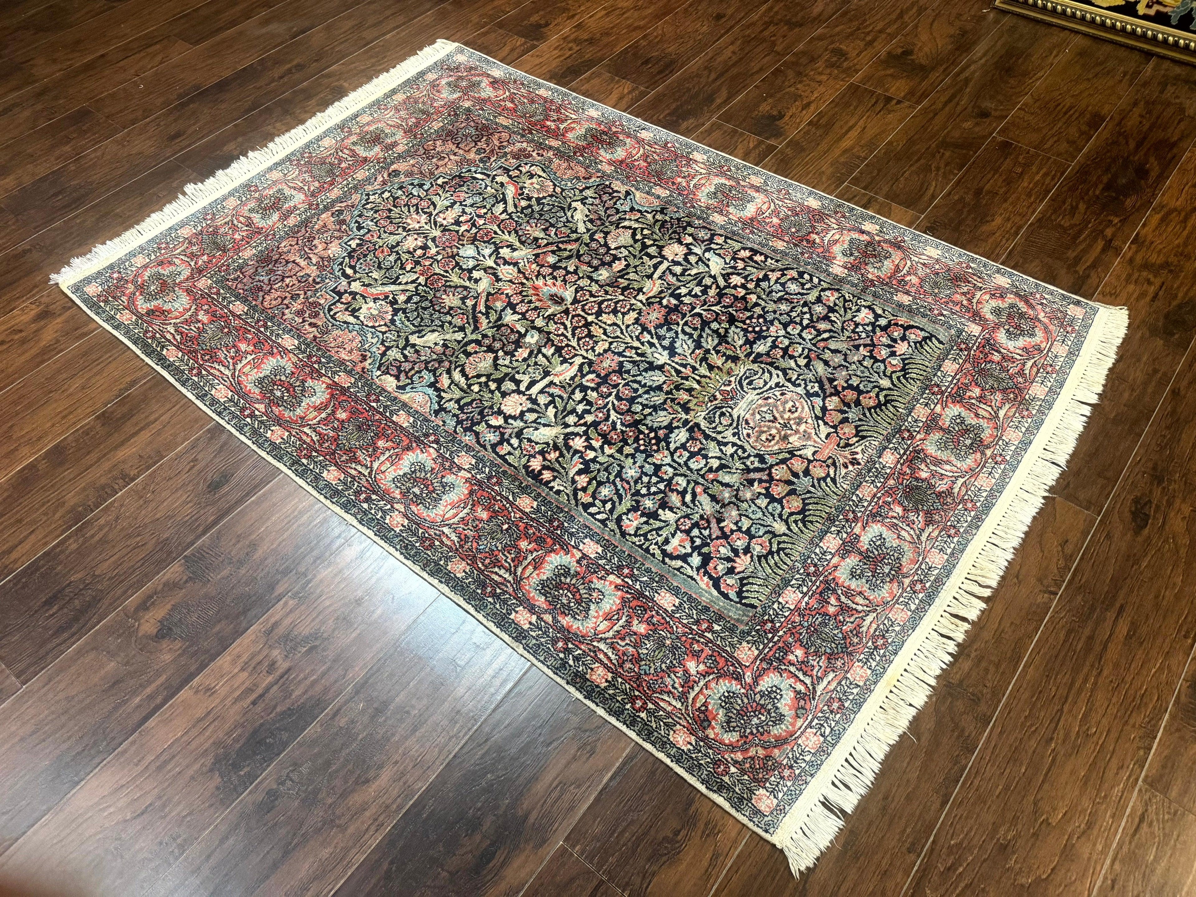 Silk Indian Kashmiri Rug 4x6, Tree of Life Pattern, Birds, Fine 290 KPSI, Navy Blue and Red, Handmade Oriental Carpet
