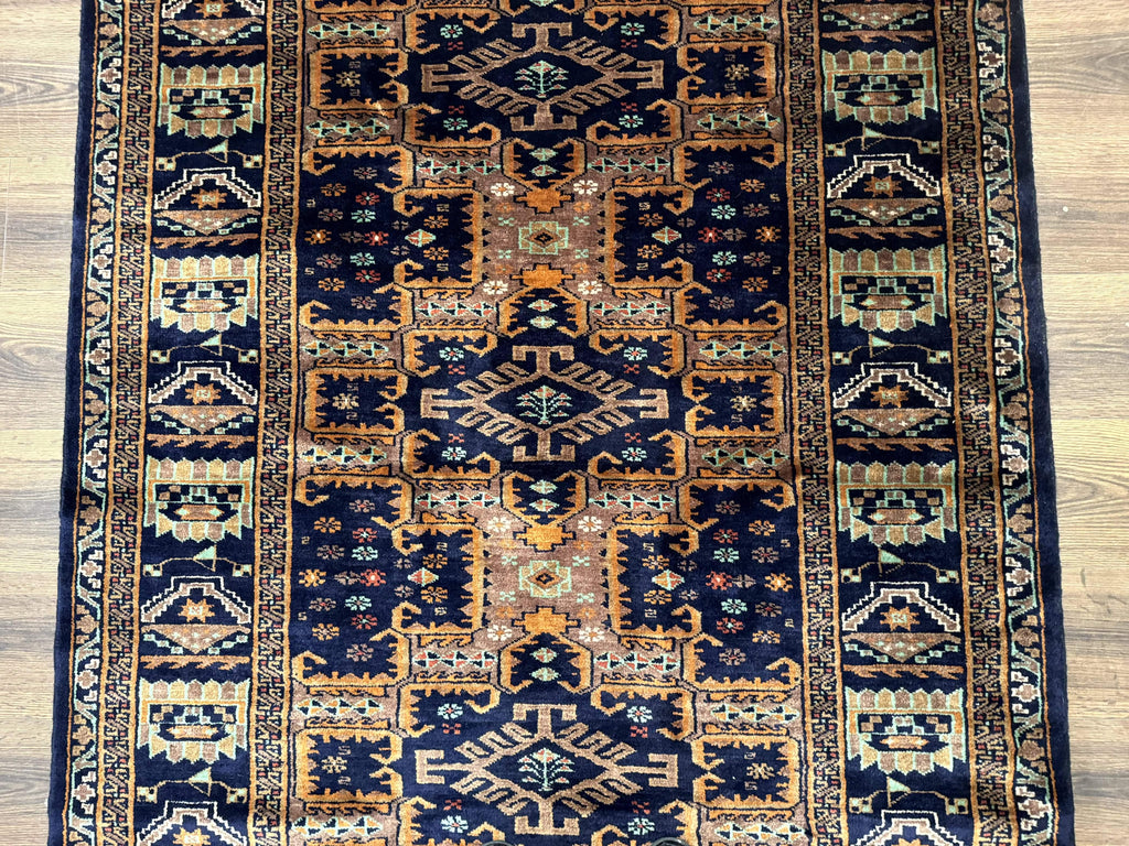Vintage Afghan Rug 4x6, Navy Blue and Light Brown, Geometric Medallions, Wool on Wool, Tribal Rug