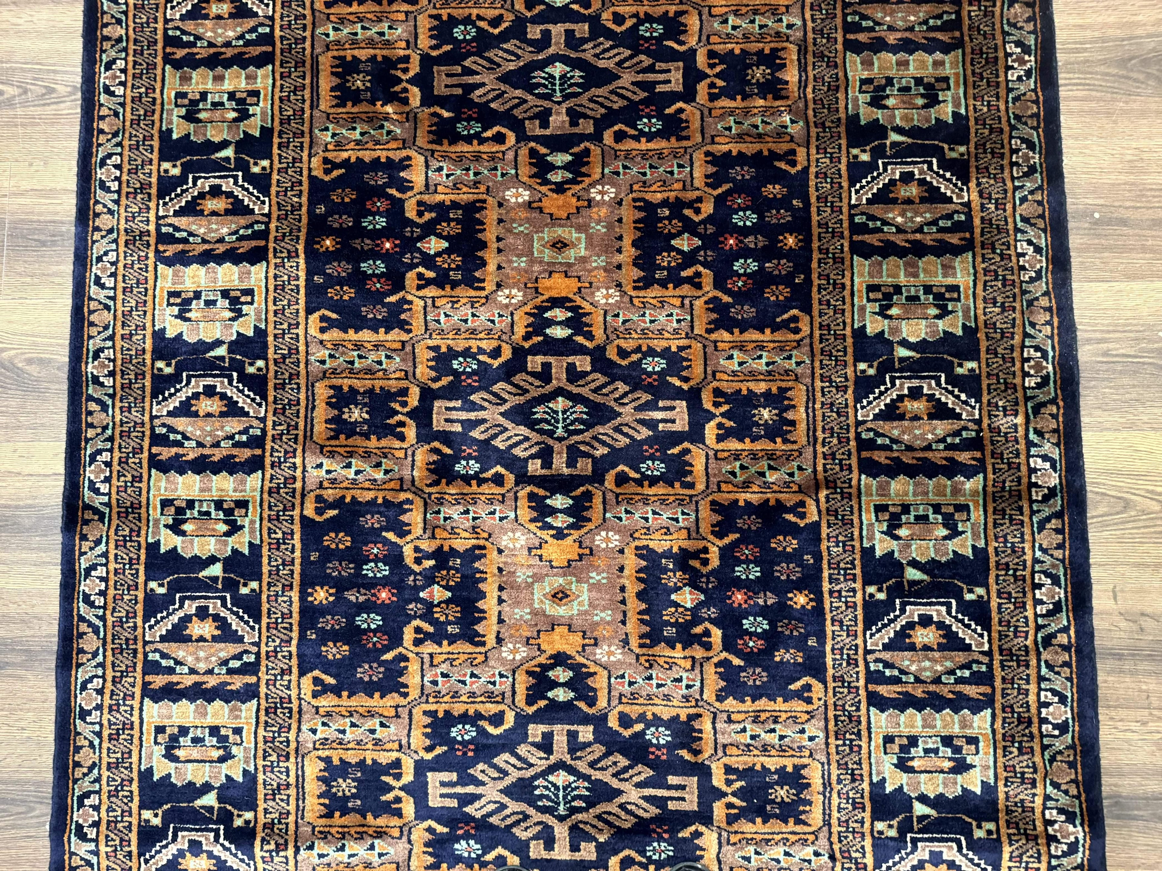 Vintage Afghan Rug 4x6, Navy Blue and Light Brown, Geometric Medallions, Wool on Wool, Tribal Rug