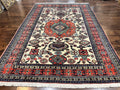 Persian Tribal Rug 8x11, Persian Ardabil Rug, Geometric Medallion Animal Pictorial Rug, Ivory Red Blue, Hand Knotted Vintage Wool Carpet