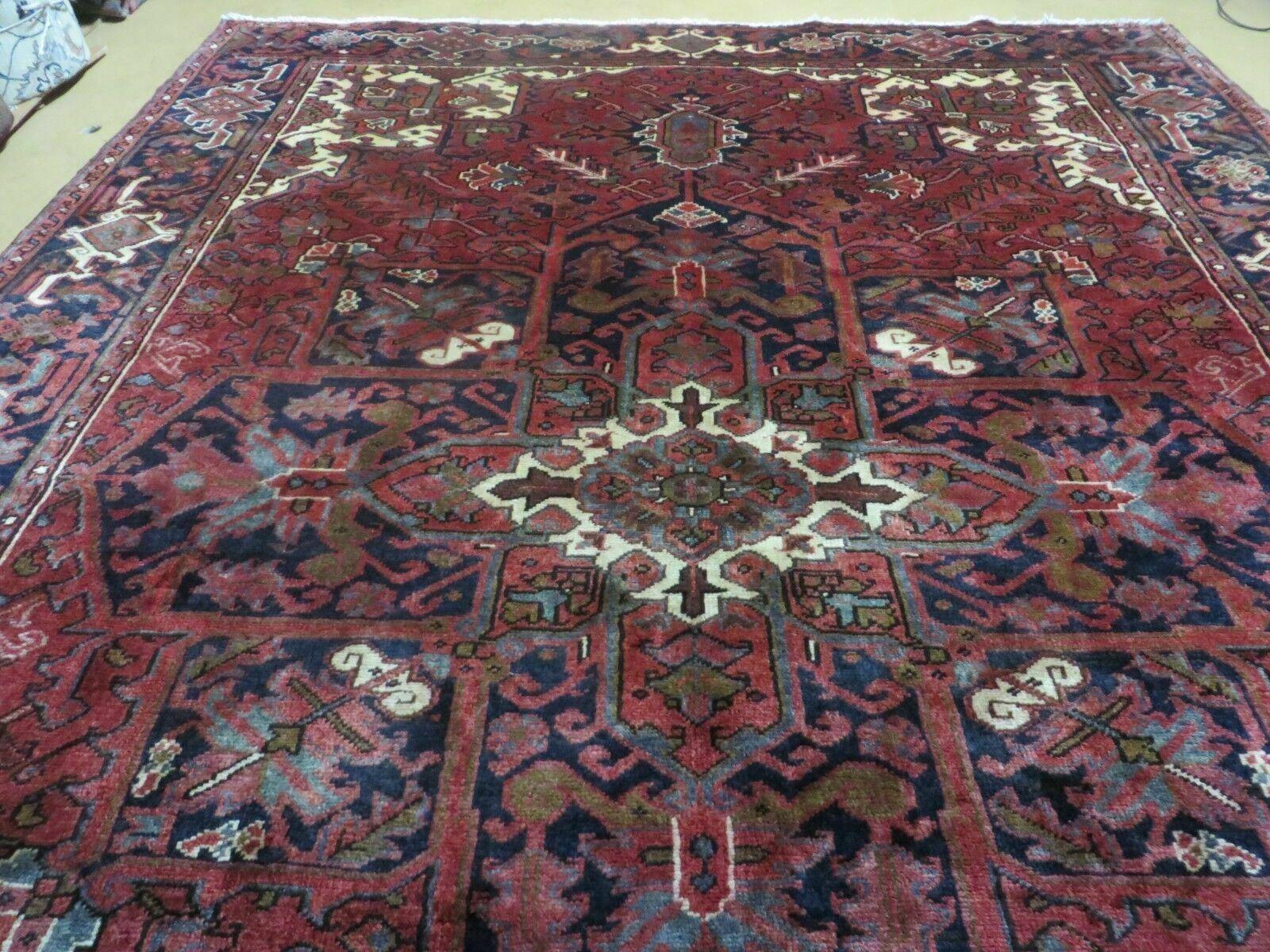 Persian Rug 8x11 Room Sized Heriz Carpet, Hand Knotted Wool Rug, Vintage Semi Antique, Geometric Medallion, Wine Red Cream Dark Blue, Wow