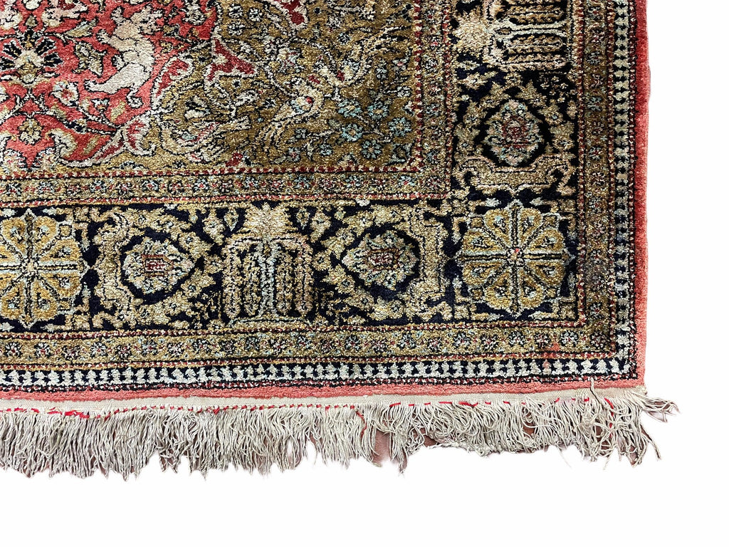 Persian Qum Silk Rug 3.8 x 5.6, Silk on Silk, Animal Pictorials, Fine 330 KPSI