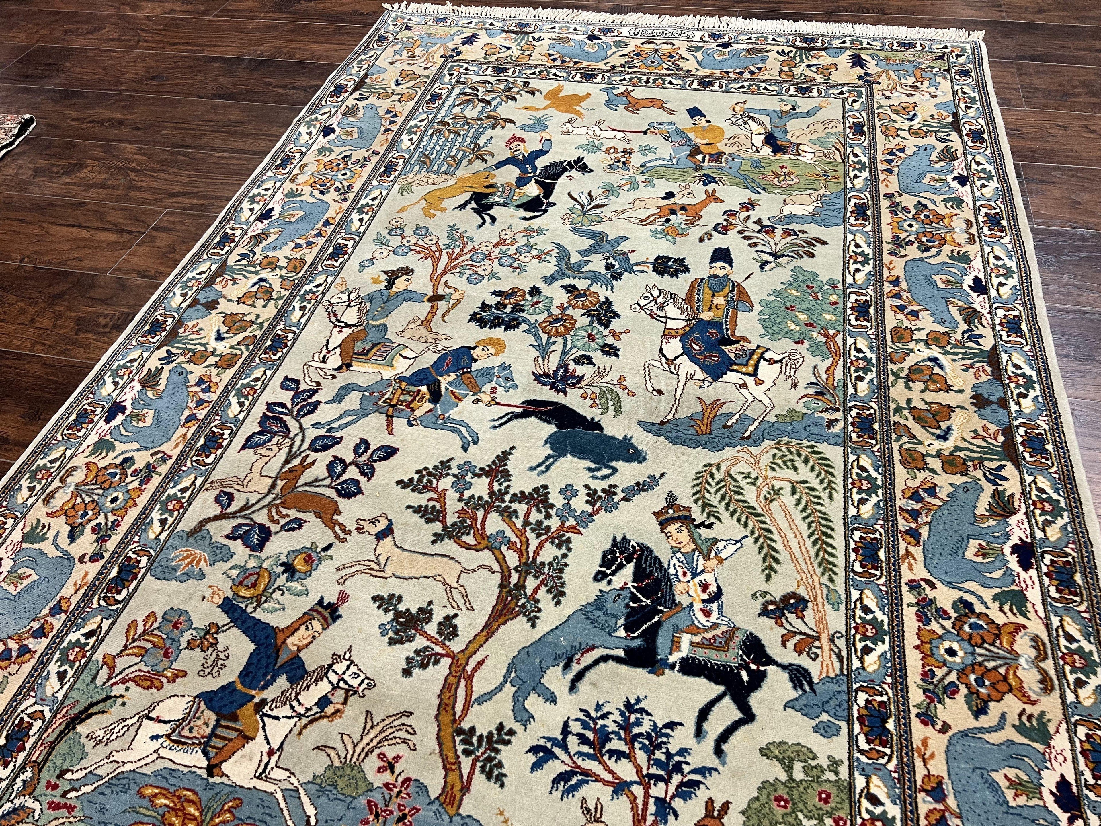 Persian Kashan Pictorial Rug 4.6 x 7, Hunting Scene, Signed by Masterweaver, Animal Pictorials, Rare, Handmade, Wool, Vintage, Very Fine