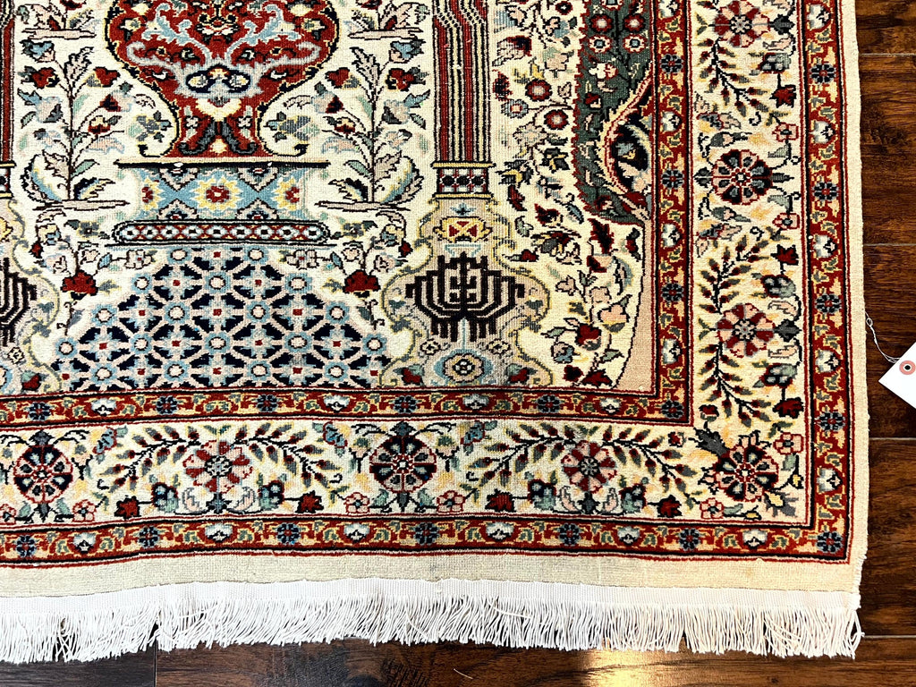 Pak Perisan Prayer Rug 4x6, Tree of LIfe Carpet, Handmade Vintage Wool Rug, Beige, Floral Vases