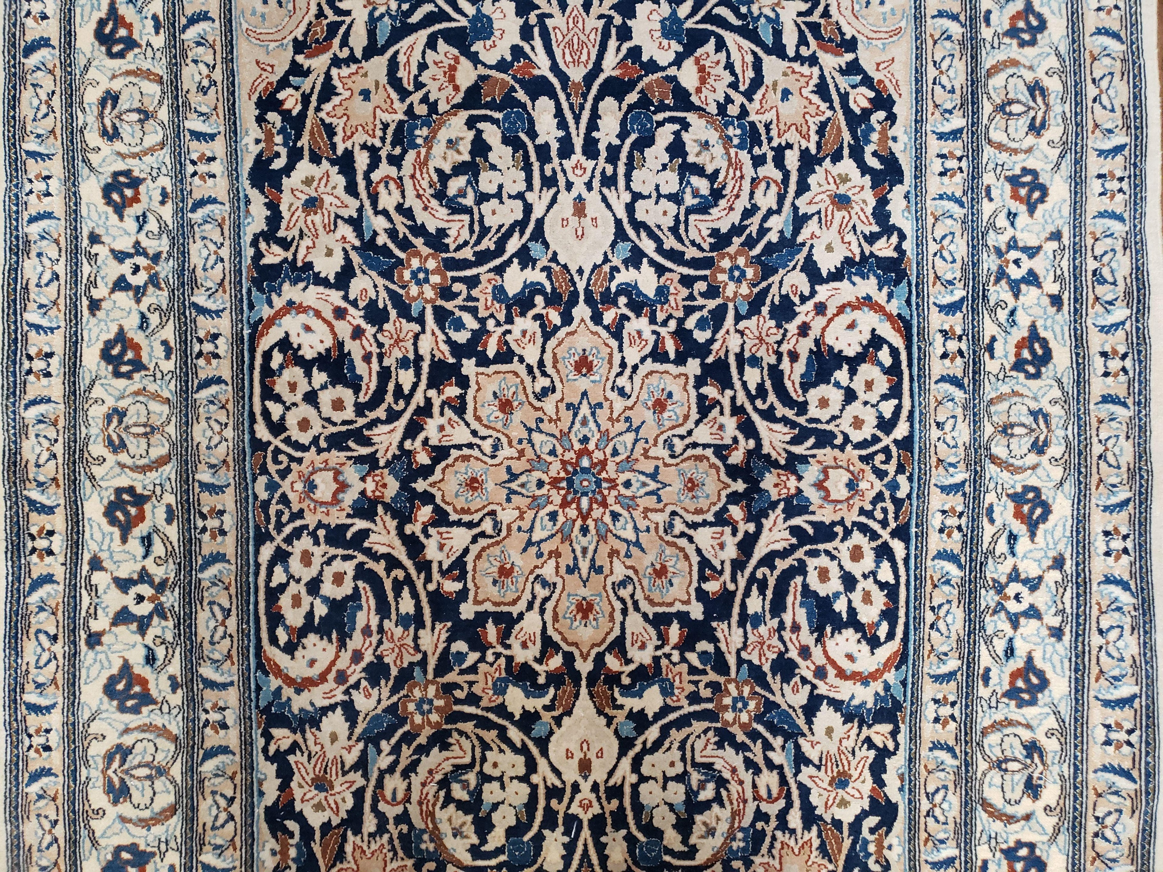 Persian Nain Rug 4x6, Ivory and Blue, Hand-Knotted, Wool & Silk