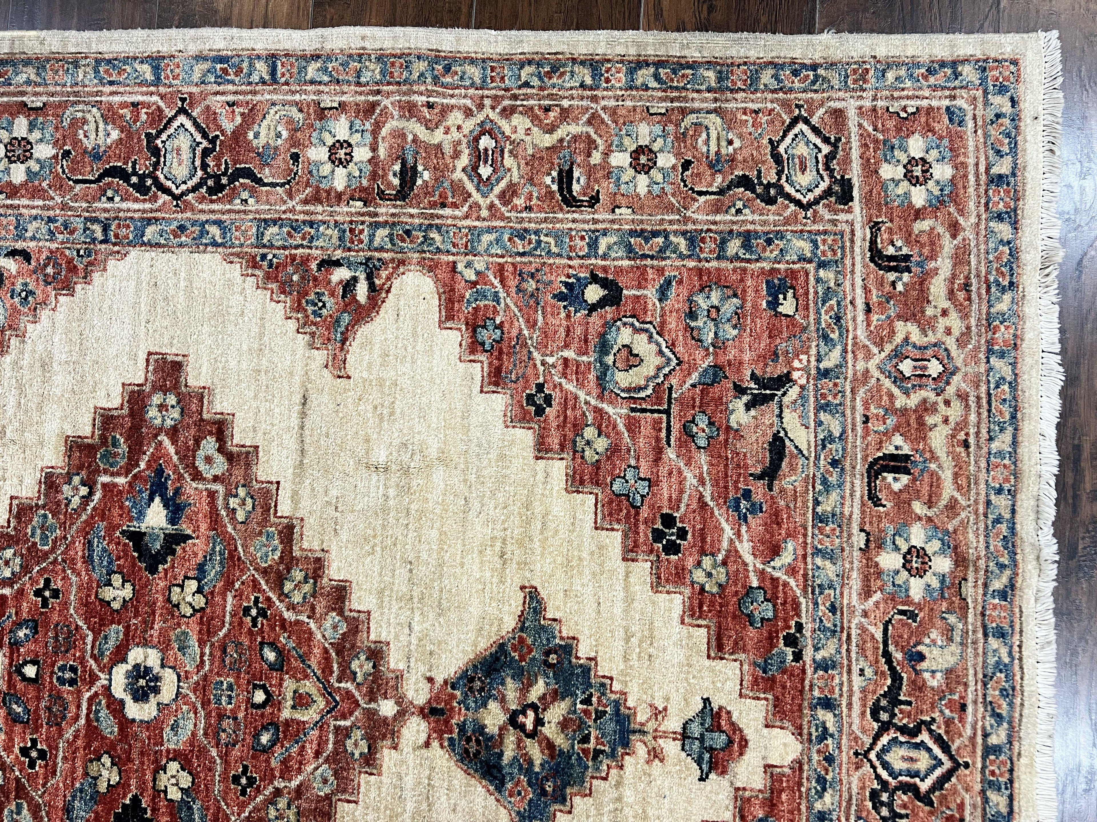 Peshawar Rug 5x7, Wool Hand Knotted Handmade Vintage Carpet, Serapi Design, Pakistani Rug 5 x 7 ft, Medium Sized, Geometric Rug