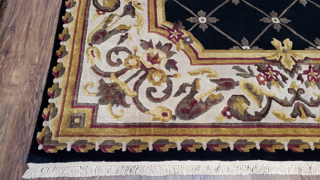 Nepal Rug 6x9, New Aubusson Nepalese Tibetan Carpet 6'1" x 8' 8", Hand-Knotted Wool, Unused, Black & Cream, Savonnerie Pattern, Soft Pile