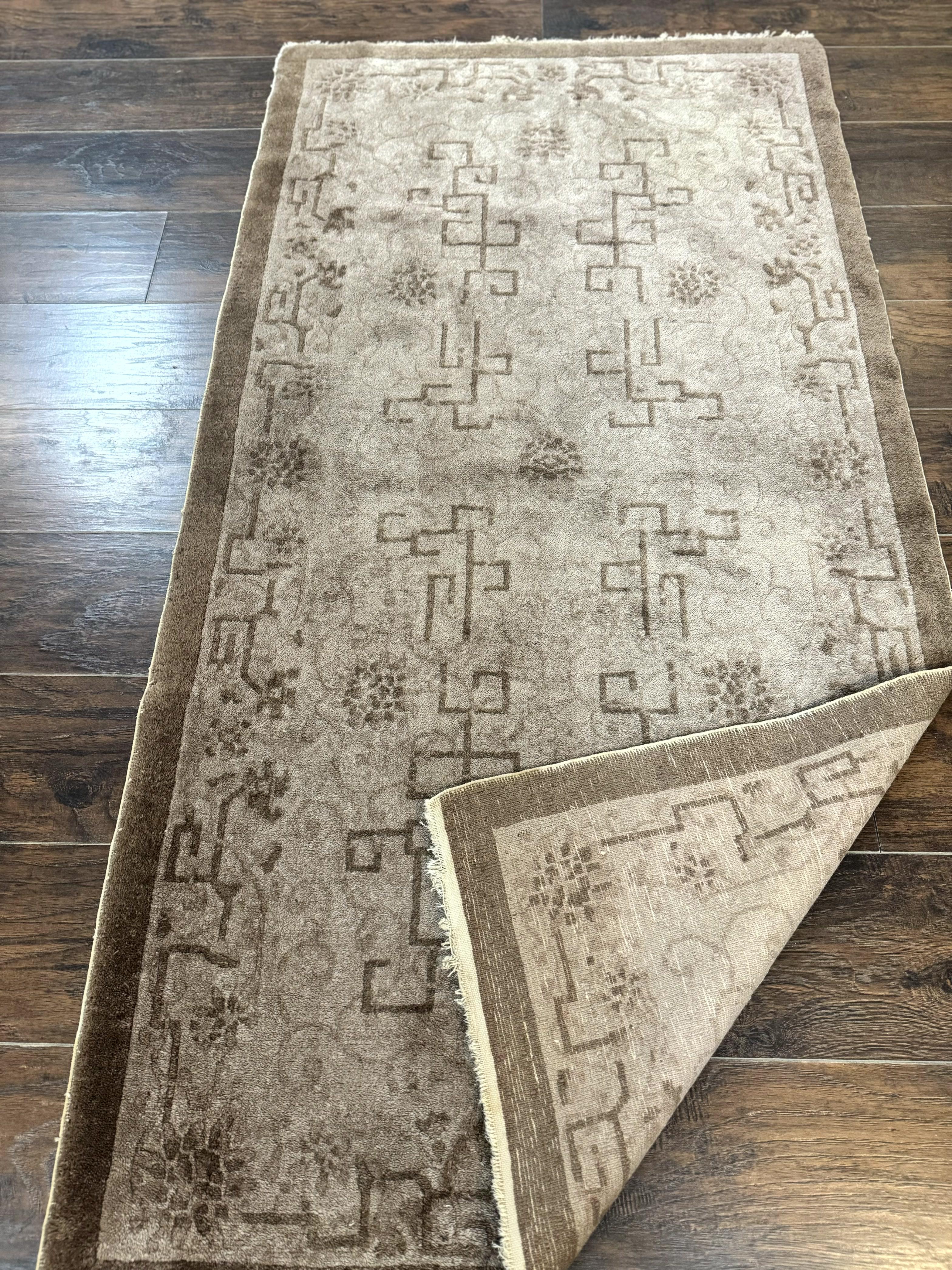 Antique Chinese Fette Rug 3x6, Taupe, Handmade Wool Chinese Carpet