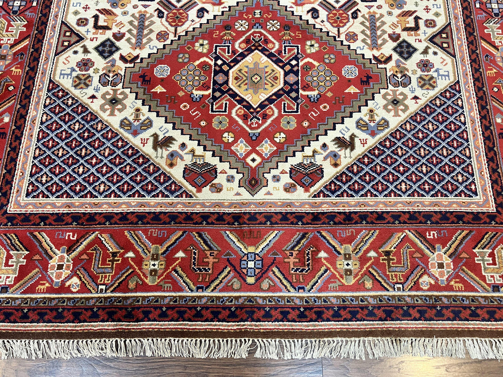 Belgium Power Loomed Rug 8x12, Geometric Medallions Persian Tribal Pattern, Vintage Wool Carpet, Ivory Red Blue