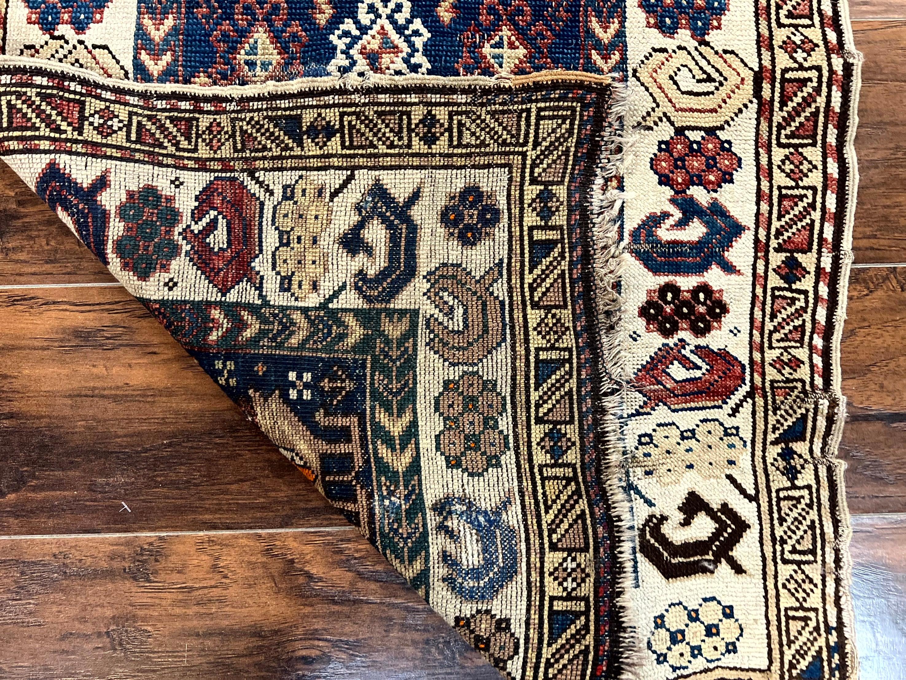 Antique Caucasian Kazak Rug 2.5 x 4, Navy Blue and Ivory, Hand Knotted Handmade Wool Rug