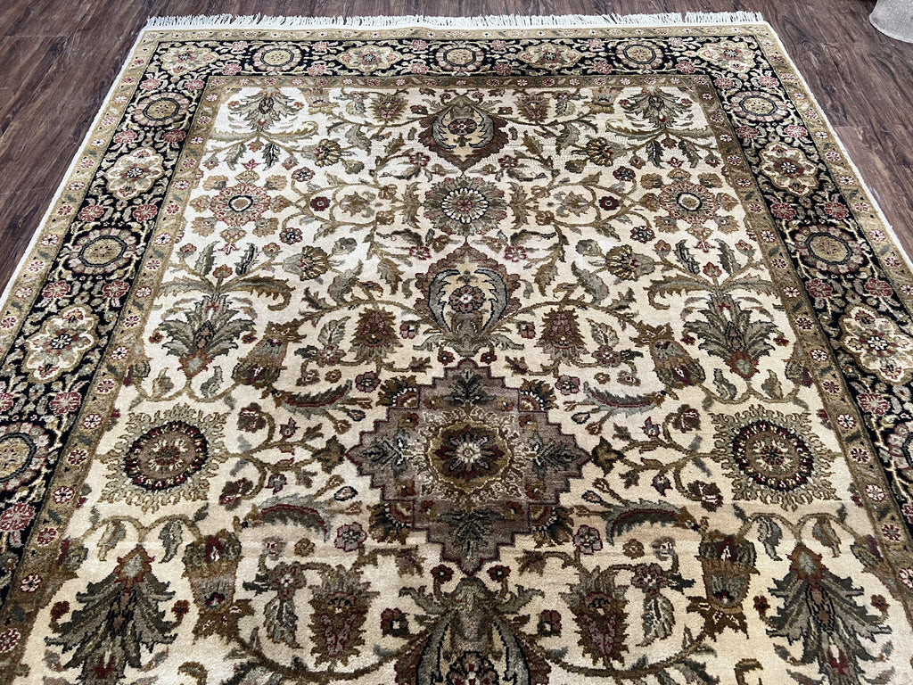 Indo Mahal Rug 6x9, Indian Floral Carpet 6 x 9, Beige and Black, Allover Design, Living Room Rug, Bedroom Rug, Traditional Rug, Vintage Rug