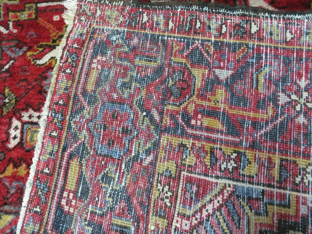 Heriz Rug 9x11, Geometric Persian Carpet Room Sized, Tribal Medallion Rug, Red Ivory Dark Blue Handmade Wool Rug for Living Room Dining Room