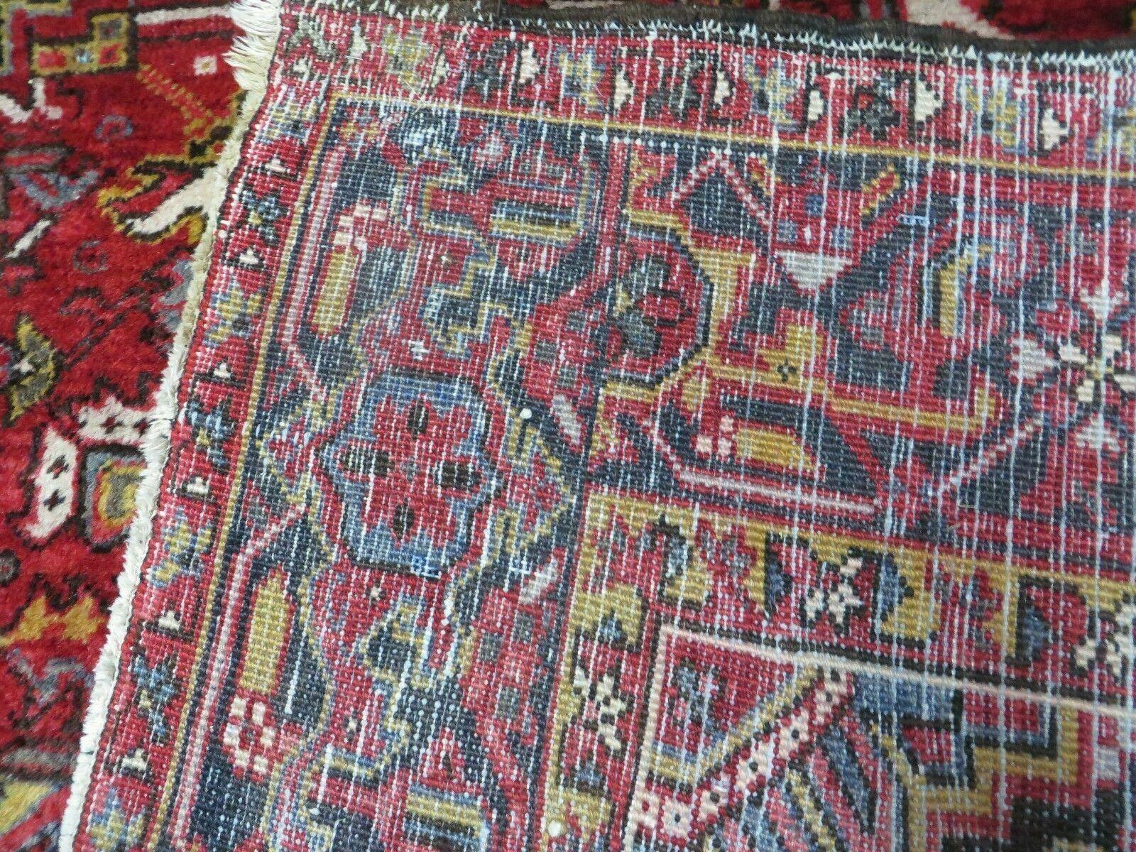 Heriz Rug 9x11, Geometric Persian Carpet Room Sized, Tribal Medallion Rug, Red Ivory Dark Blue Handmade Wool Rug for Living Room Dining Room