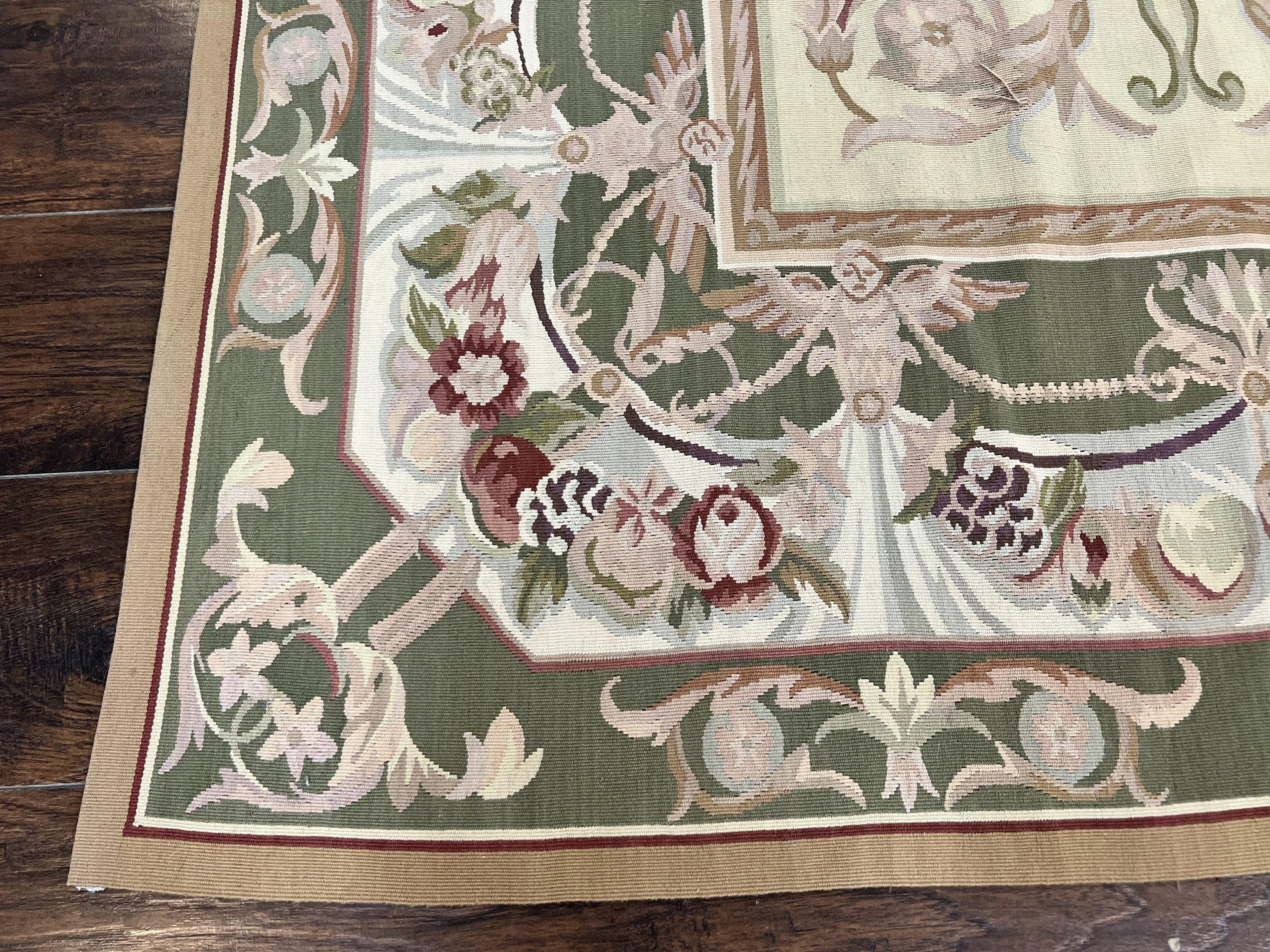 Aubusson Rug 5x8, Wool Handmade Vintage Carpet, Angel Motifs, Flatweave Rug 5 x 8, Medium Sized, European Design