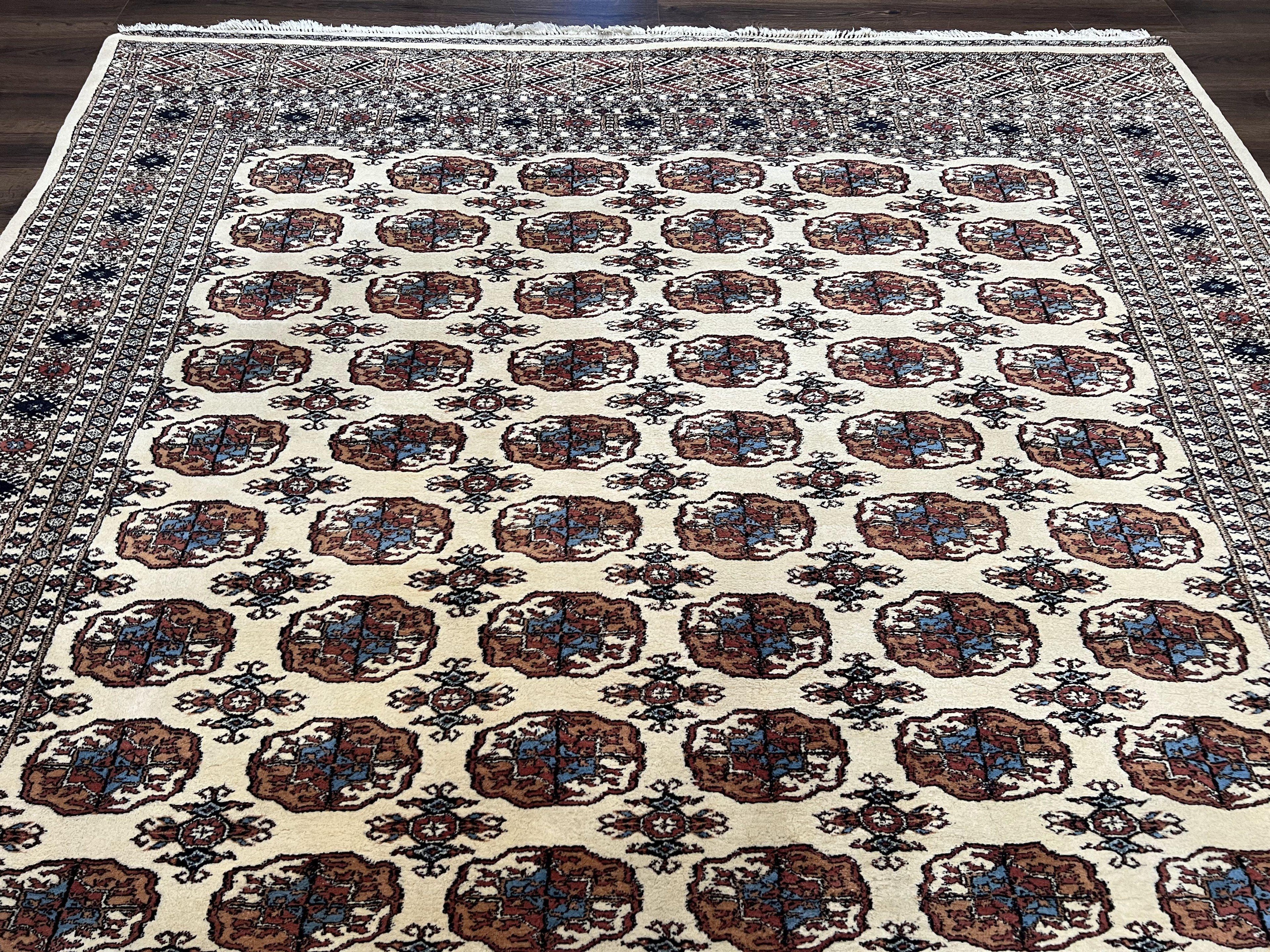 Pakistani Bokhara Rug 8x10, Wool Turkoman Carpet, Ivory/Cream