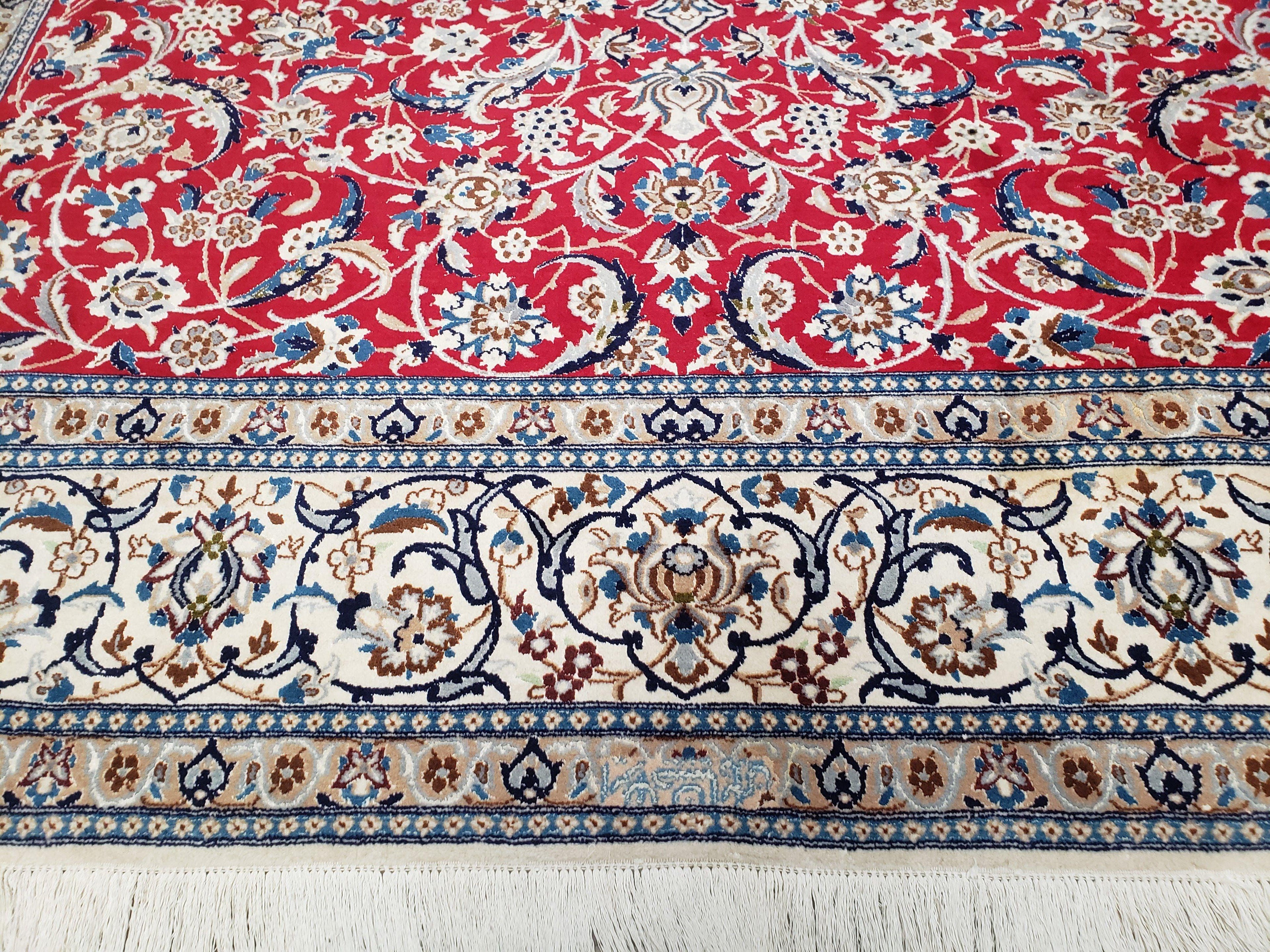 Persian Nain Rug 8x12, Red and Ivory, Signed