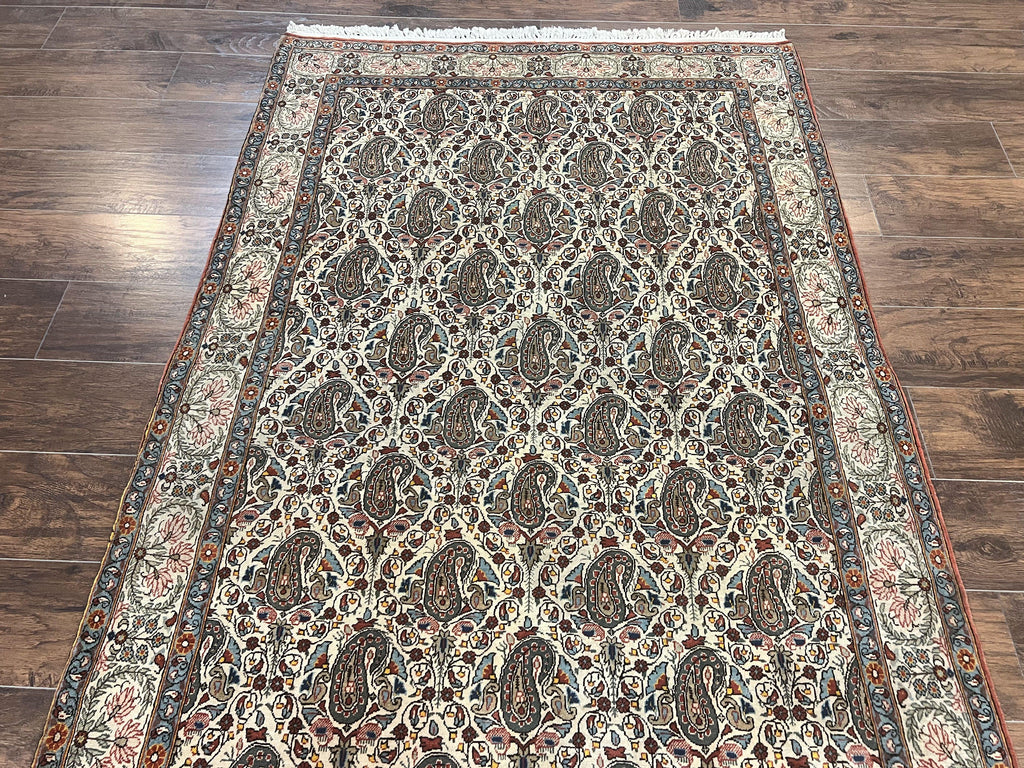 Persian Qum Rug 5x6, Cream Wool Hand Knotted Carpet, Repeated Boteh Paisely Design, Semi Antique Vintage Rug, Very Fine Weave 5 x 6 Rug